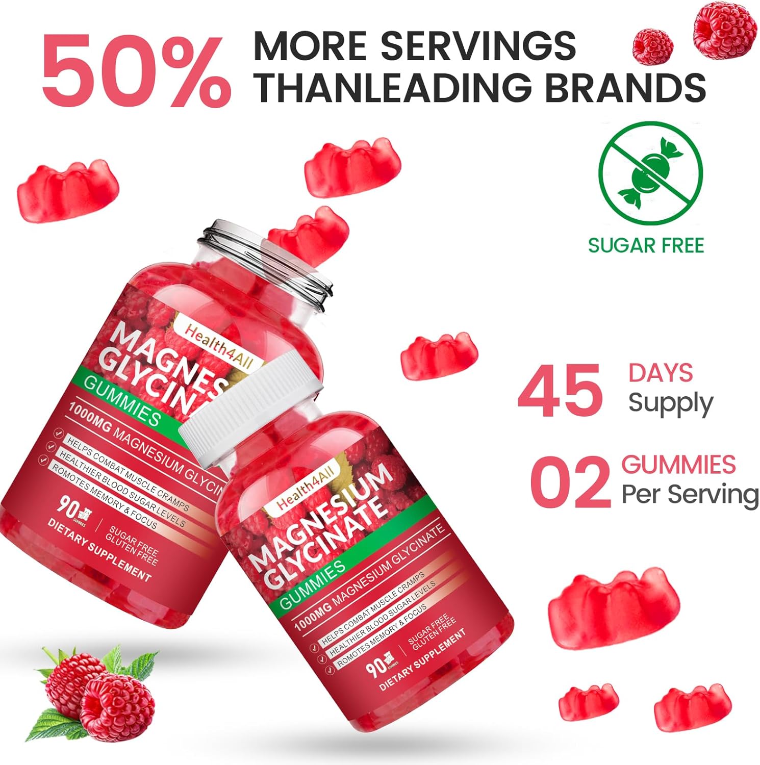 Magnesium Glycinate Gummies 1000mg, High Absorption Sugar Free Magnesium Potassium Supplement for Relaxation, Stress Relief, and Sleep Support for Adults & Kids - 90 Raspberry Gummies - Image 7