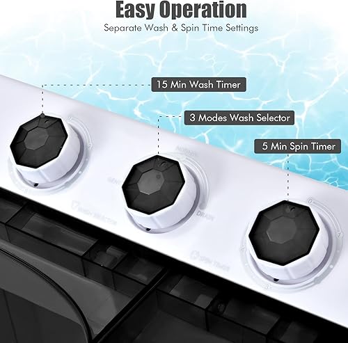 Miniatura 5 de COSTWAY Lavadora portátil, 2 en 1, doble tina de 26 libras, lavadora de lavandería (18 libras) y giratoria (8 libras) con perillas de control,
