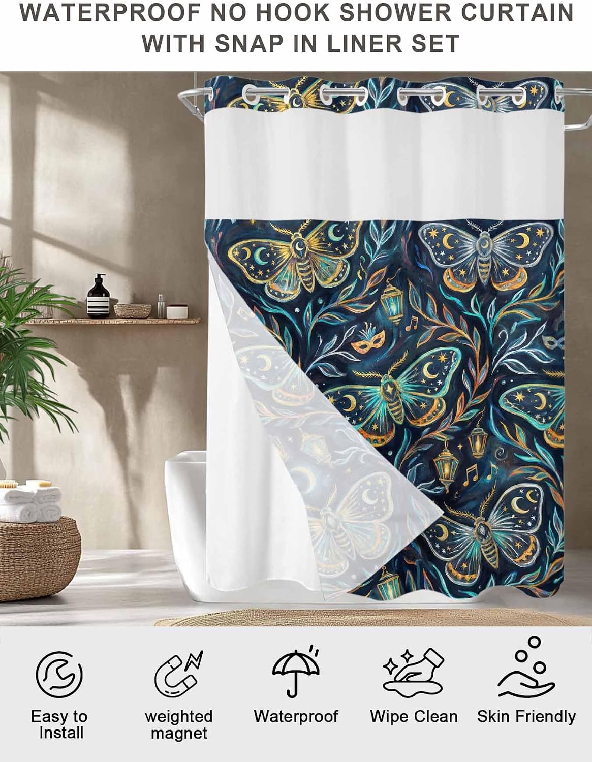 No Hook Shower Curtains with Detachable Snap-in Liner Set, Abstract Butterfly Waterproof Hotel Bathroom Shower Curtain, Botanical Watercolor Moon Stars Leaf Mesh Top Window Bath Curtains 72''x84''