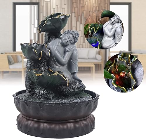 Miniatura 9 de Fuente de agua pequeña de mesa de 11 pulgadas con estatua de Buda de flujo de agua y luces LED, cascada decorativa para interiores y exteriores,
