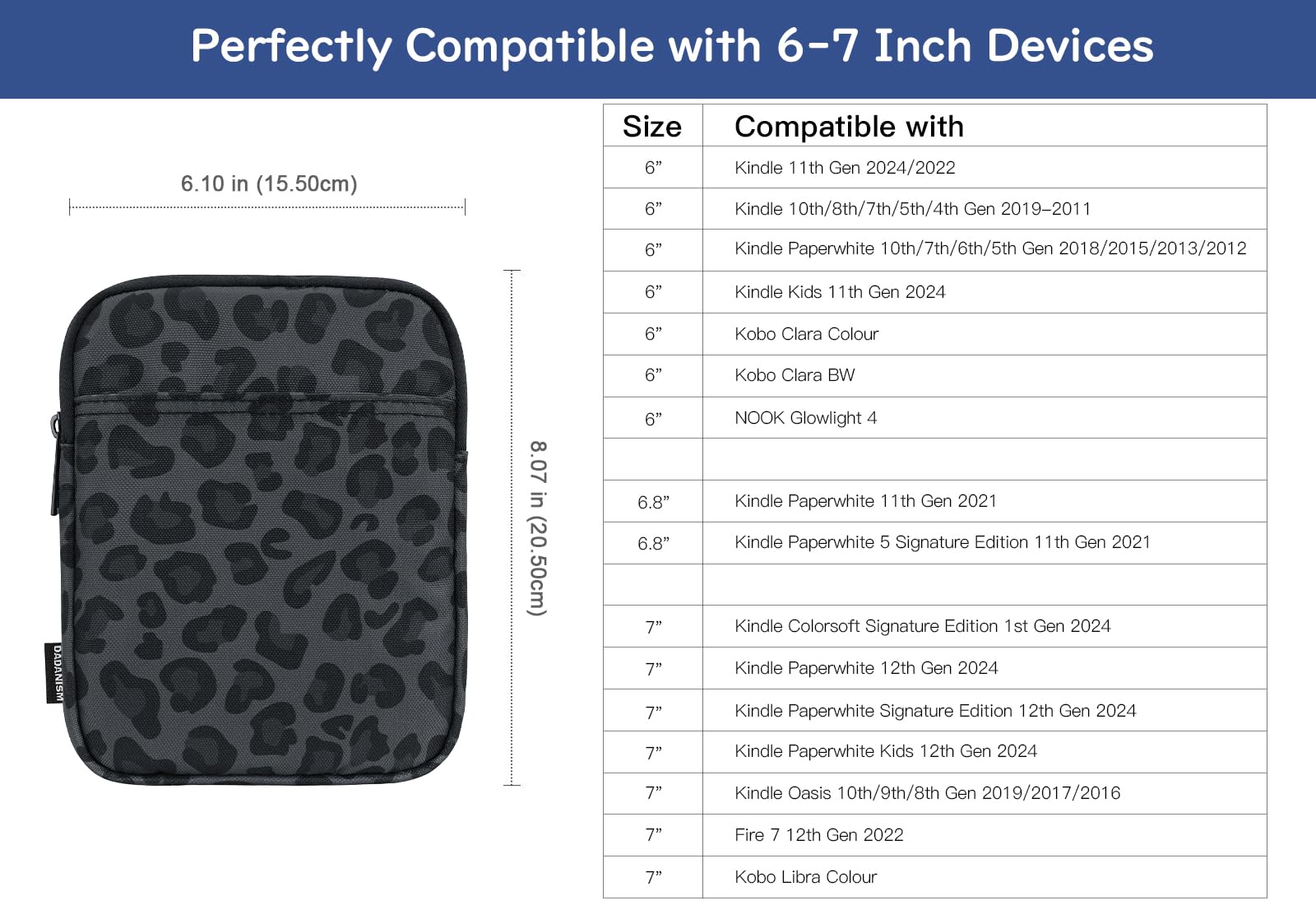 Dadanism 6-7 Pouces Housse Protectrice Pochette Nylon pour 7" Kindle Paperwhite et Kindle Colorsoft Signature Edition, 6" K-indle 11e Gén, Sac de Transport pour K-indle Oasis E-Reader, Noir Léopard