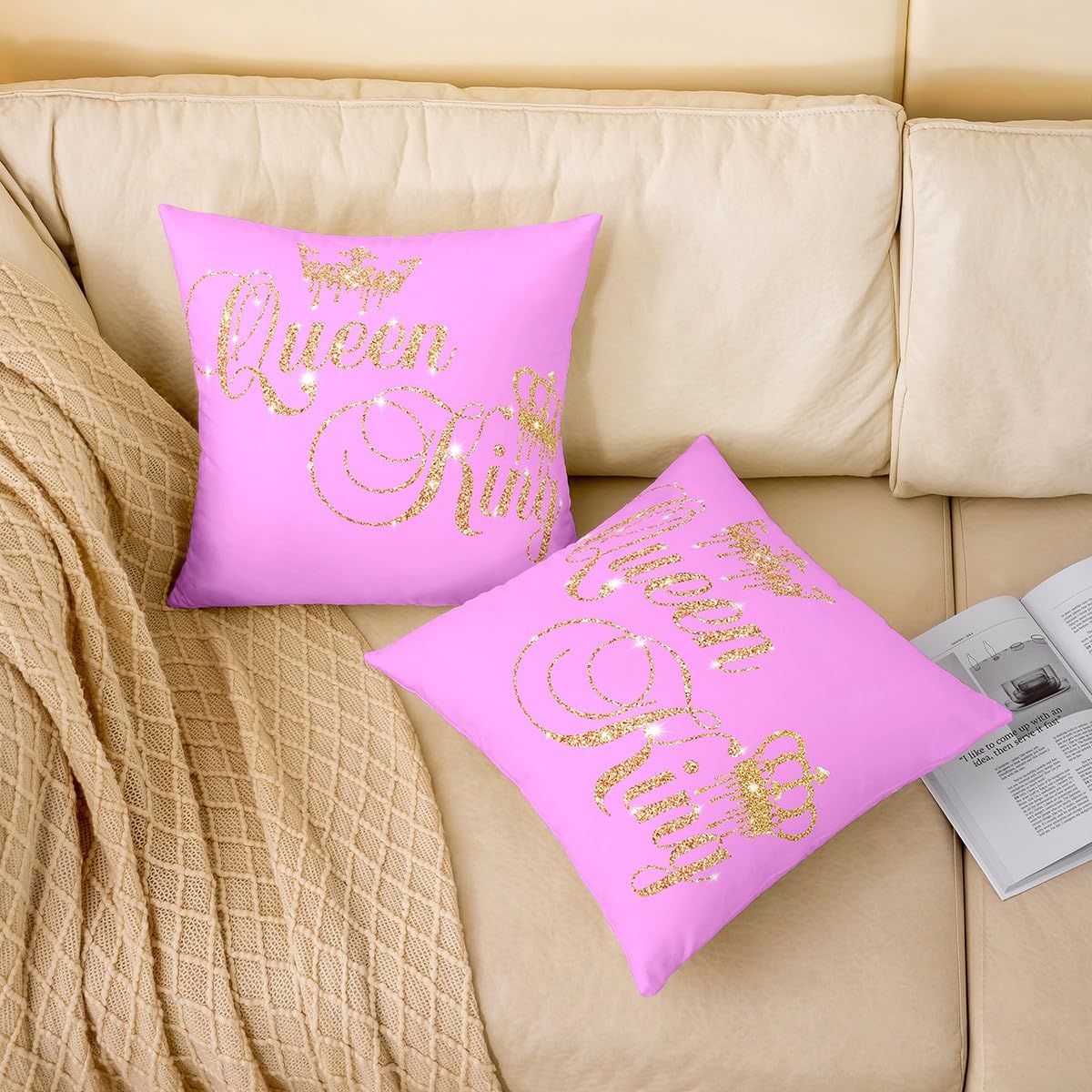 Homemissing Set di 4 federe per cuscini per lui e per lei, per casa, divano, letto, per adolescenti, donne, uomini, rosa, giallo, oro (senza brillantini), 50 x 50 cm, motivo: corona