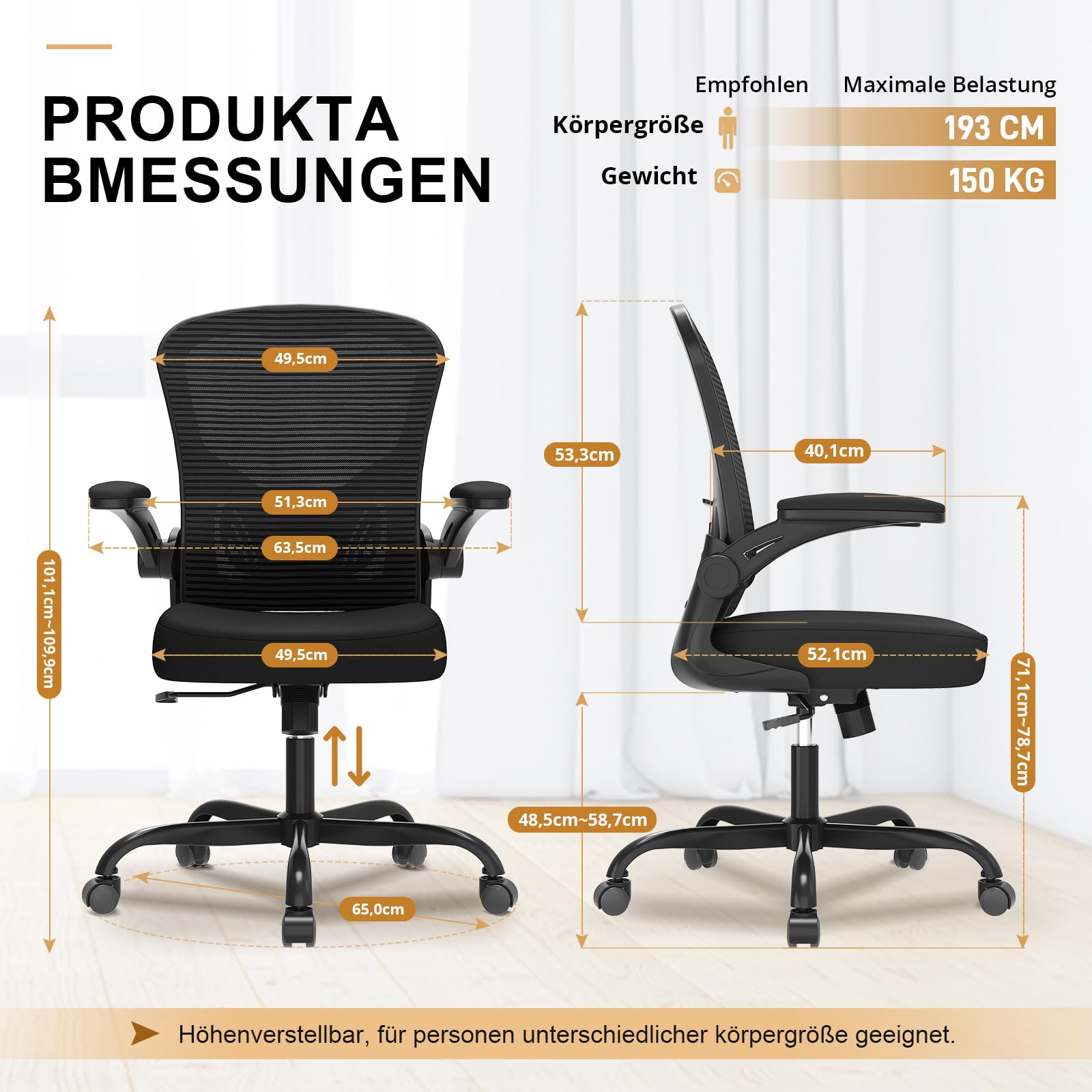 Synorla Bürostuhl Ergonomisch, Schreibtischstuhl mit Tragkraft 150 KG und 90° Hochklappbare Armlehnen, Ergonomischer Bürostuhl mit Höhenverstellbarer Sitzfläche und Verstellbarer Lordosenstütze