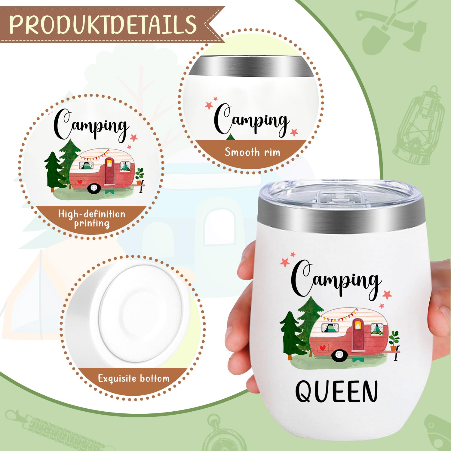 Camping Tasse für Frauen, Camping Queen Kaffeebecher, Camper Geschenke - Weinbecher Edelstahl mit Deckel, Stroh und Strohhalmpinsel, Geschenk für Beste Freundin Schwester Womo-Bewohner