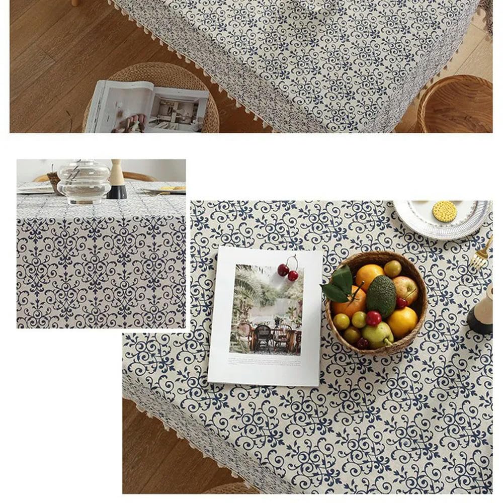 Mantel Rectangular de decoración de Lino y algodón de Porcelana Blanca y Retro Azul de Estilo Chino de 60~300cm con Borla Mantel para Mesa de té