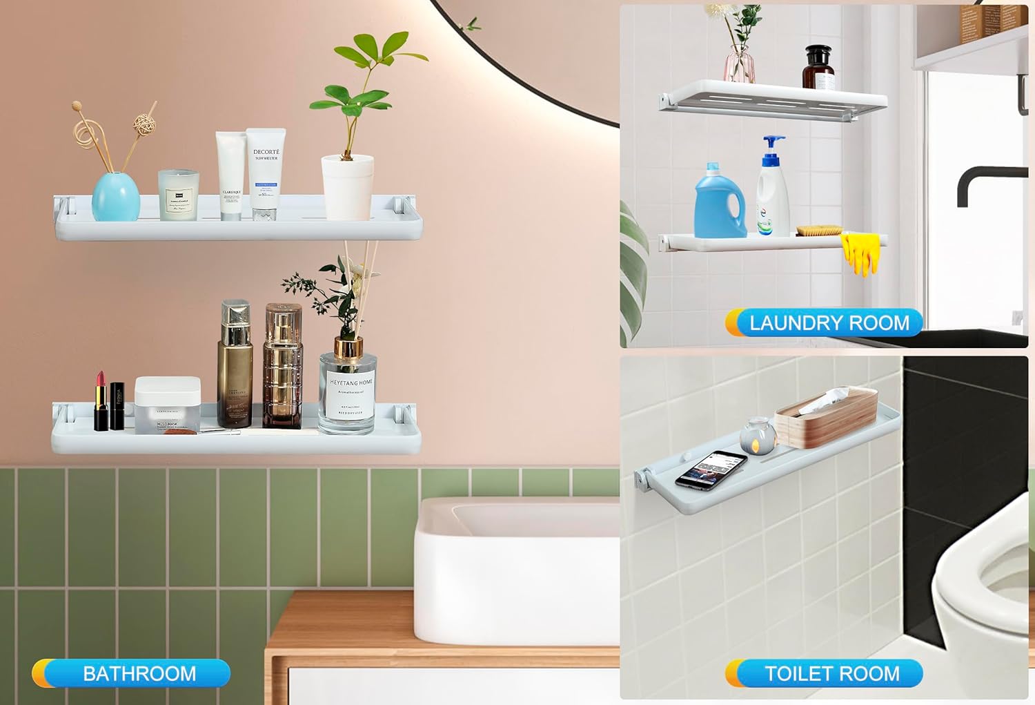 White Folding Wall Shelf | Wall Mounted Bathroom Floating Metal Shelf | 90° Fold Up | Space-Saving Floating Shelf for Laundry Room, Toilet Room, RV, Sink (2-Pack, White)