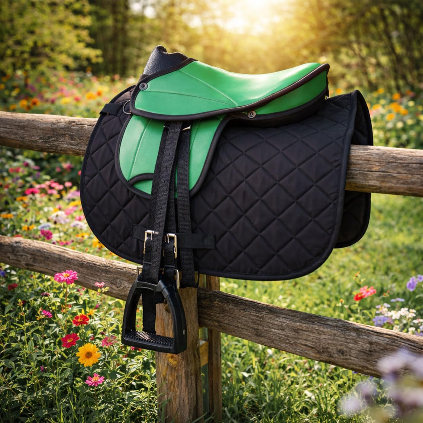 Brama West Set di sella per cavalli in legno per bambini "My Happy Pony" | Sella per Shetty Pony cavallo in legno | con copertura per sella, cinghia per sella, staffe e staffe (verde sella)