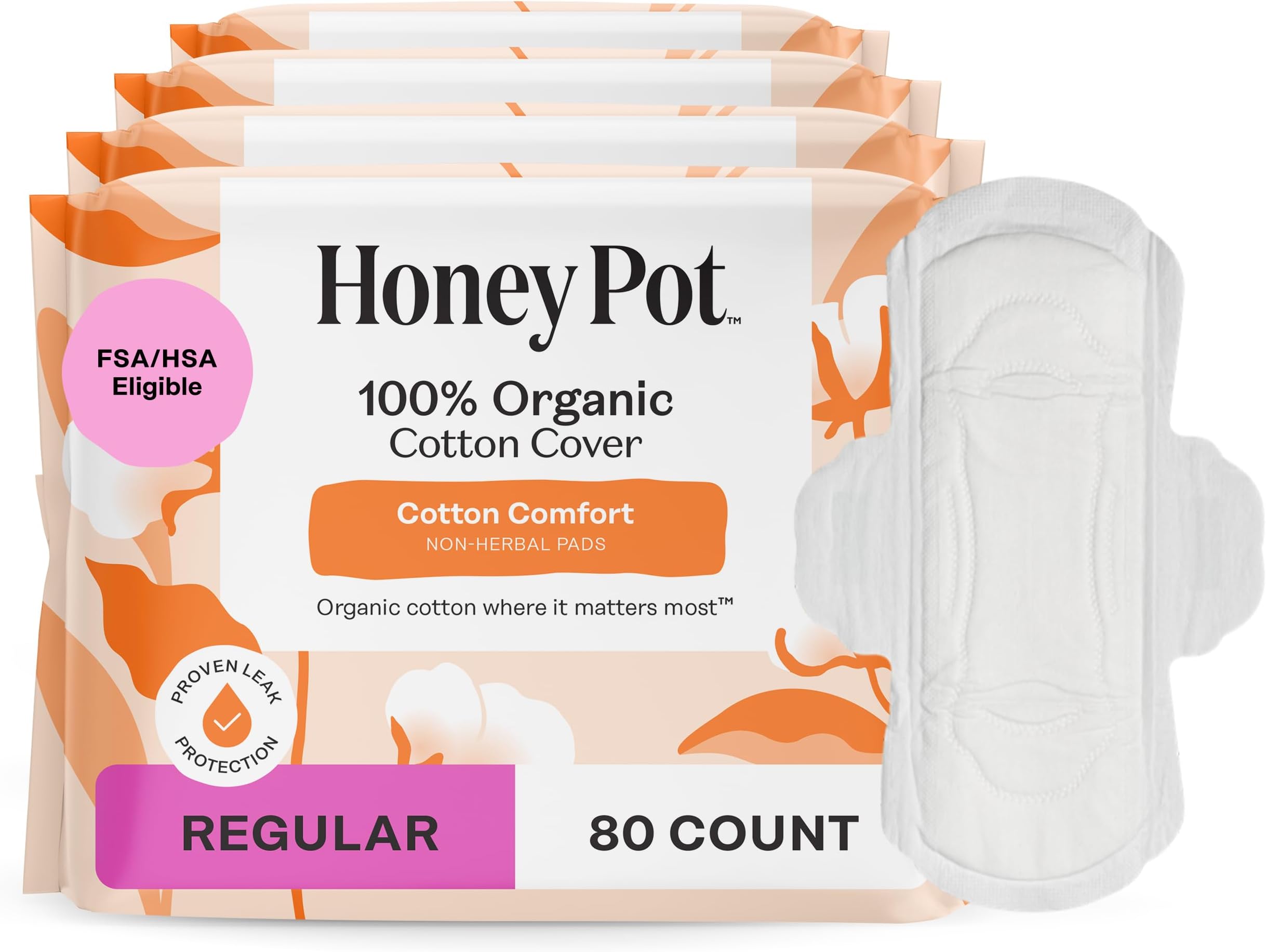 80 ct - Sanitary Pads for Women - Non-Herbal Regular Flow w/Wings - Organic Cotton Cover & Ultra-Absorbent Pulp Core - Feminine Care