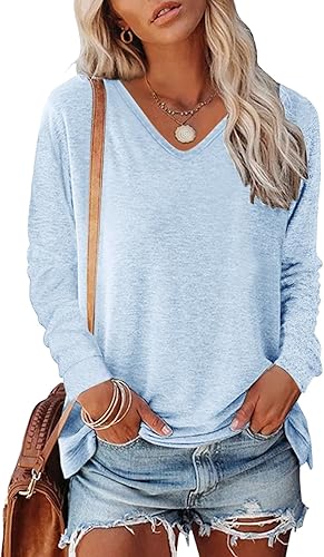 Miniatura 2 de Women V-Neck Long Sleeve Shirts Dressy Trendy Solid Color Tunic Top Breathable Loose Fit Baisc T-Shirt Pullover Tops