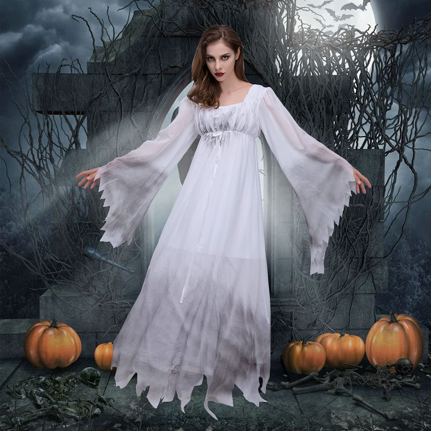 Vampire Witch White Dress for Women, Cosplay Halloween Fancy Party Graveyard Bride Costume Carnival Masquerade Performance Costume,B,XL Fashion