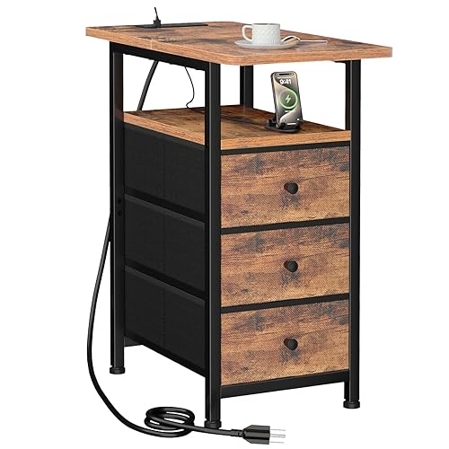 AMHANCIBLE Mesas auxiliares para sala de estar con estación de carga, mesa auxiliar estrecha con puertos USB y tomas, mesita de noche delgada con 3