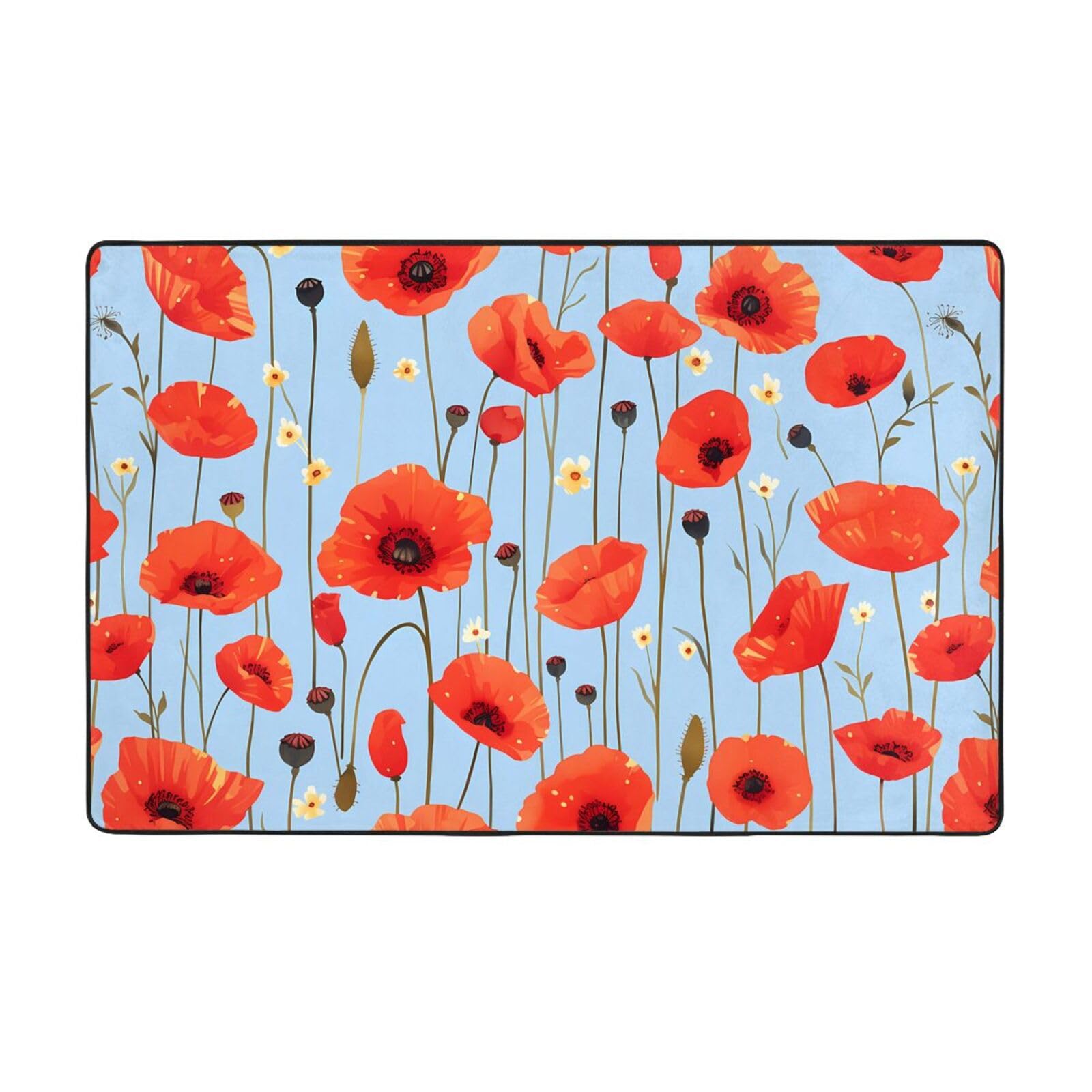 Tapis velours fin coquelicots sur ciel bleu de 152x99 cm