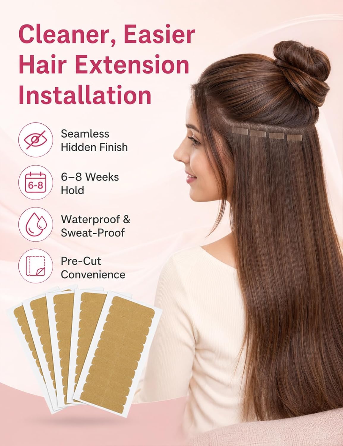 Hair Extension Tape Tabs, Nude, 60 Pcs (5 Sheets) | Strong Double Sided Adhesive, Replacement Tape, Invisible, Residue-Free