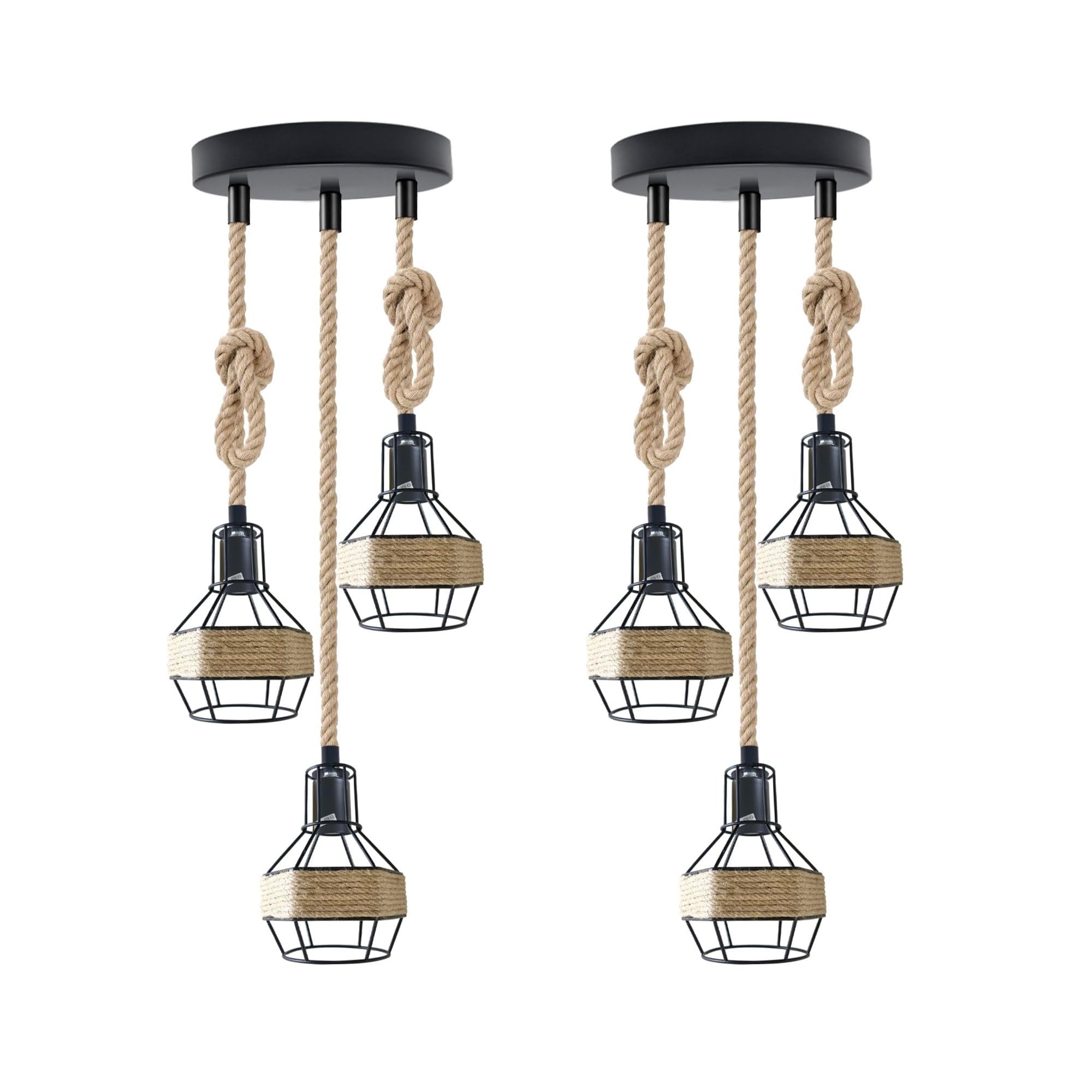 LEDSone Set of 2 Pendant Light 3 Head Ceiling Light, Hanging Ceiling Lights Vintage Hemp Rope Pendant Light for Kitchen Island Bedroom Hallway Study Room