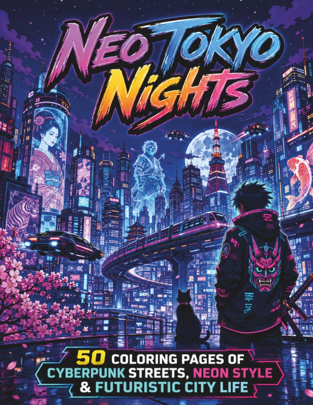 Neo Tokyo Nights: 50 Coloring Pages of Cyberpunk Streets, Neon Style & Futuristic City Life (Titanverse Coloring)