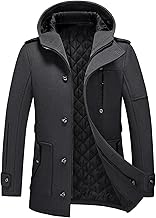 KUDORO Men's Winter Coat Wool Short Coat with Hood Wool Coat Medium Length Slim Fit for Business Leisure Peacoat Casual