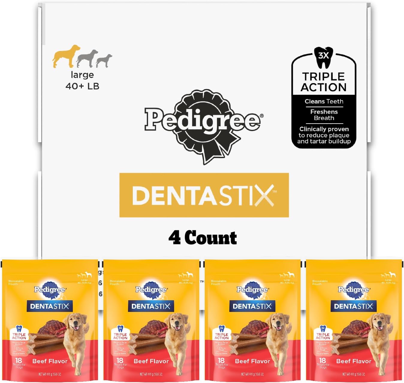 Dentastix Dog Dental Treats, Large Breed Dog Treats, Beef Flavor, (4) 18ct Bags (72 Treats Total)