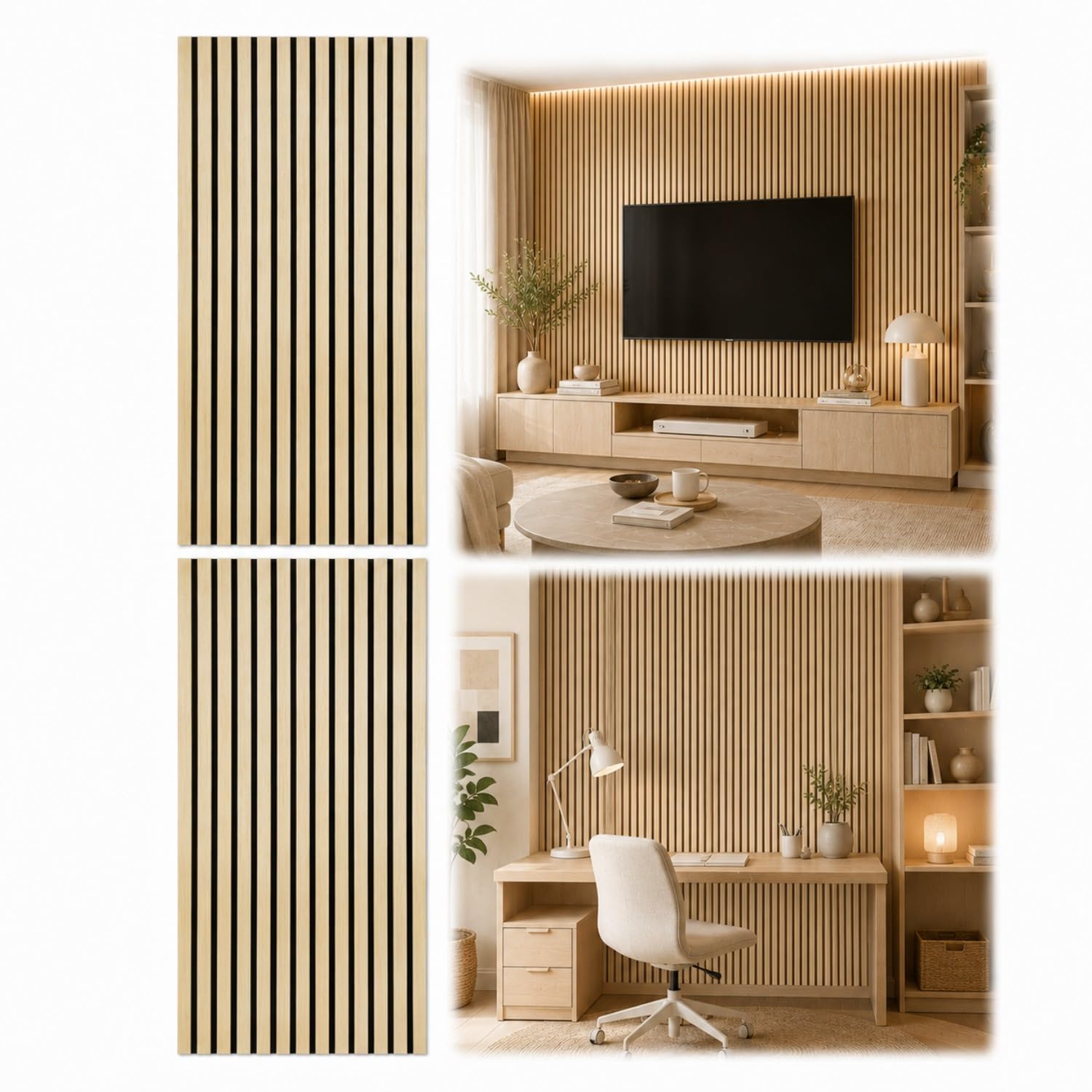 Panneaux acoustiques en bois - 240 x 60 cm - Format mural - 2 x 120 x 60 cm - Bois brut - Panneaux muraux aspect bois avec feutre noir - Lamelles MDF pour mur TV et salon