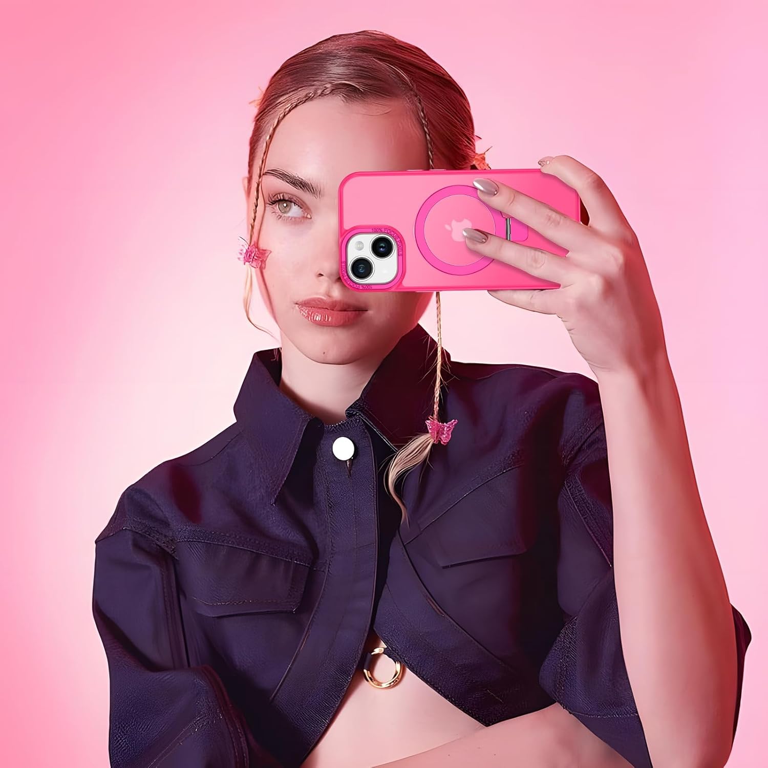 DUEDUE for iPhone 15 Plus Case Magnetic with Ring Stand[Compatible with Magsafe], Full Body Protective Cover Slim Shockproof Kickstand Phone Case for Apple iPhone 15 Plus 6.7", Hot Pink - Image 7