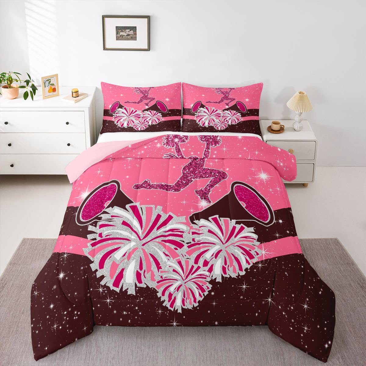 Castle Fairy Cheerleader Bedding Sets Full Size,Cheerleading Glitter Pink Brown Reversible Down Comforter Breathable Polyester Quilt Set,Girly Cheerleading Dance Duvet Insert,2 Pillowcases