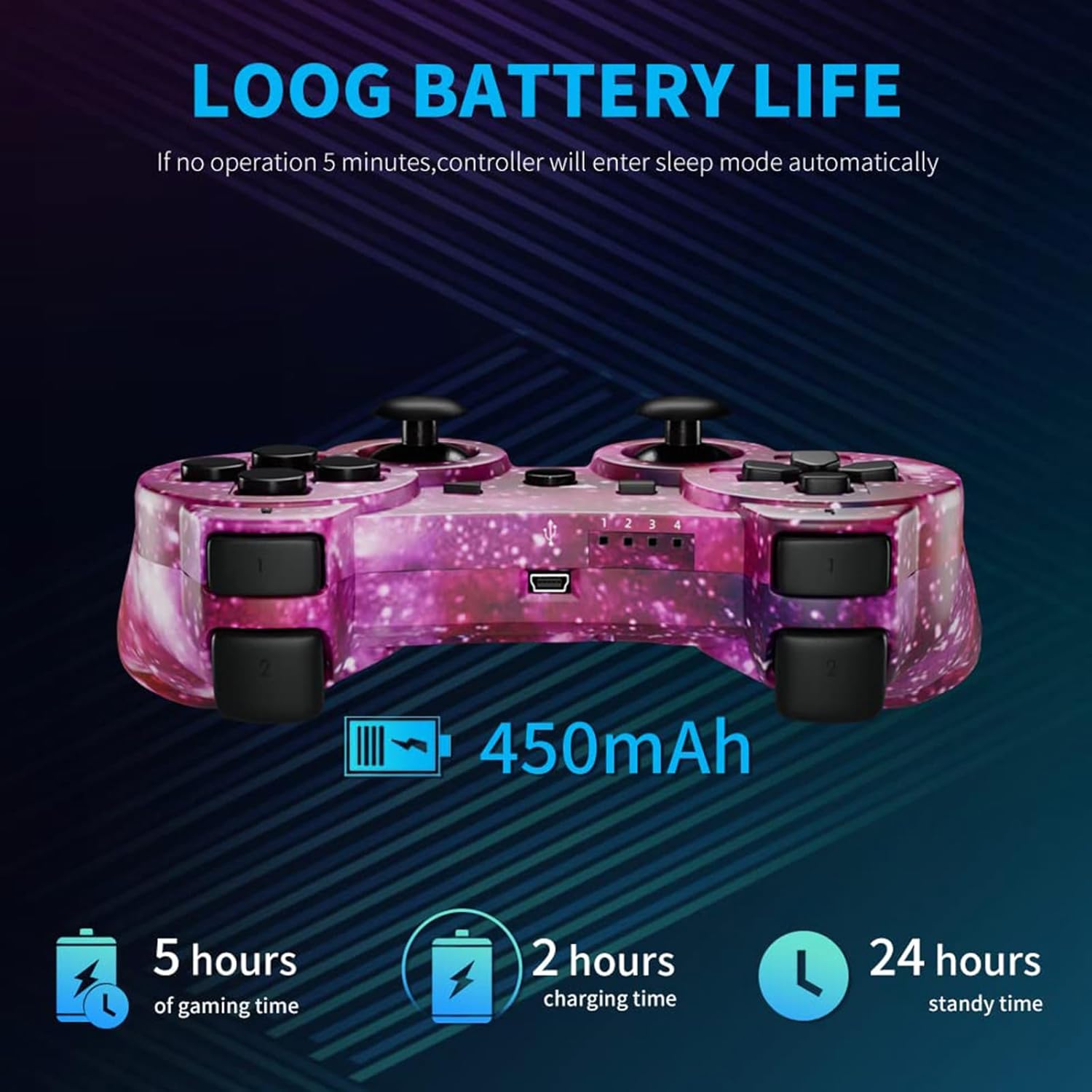 Bowei PS3 Controller Wireless 2 Pack Double Shock Gamepad for PlayStation 3 Remotes, Six-Axis Wireless PS3 Controller with Charging Cable, Blue+ Purple