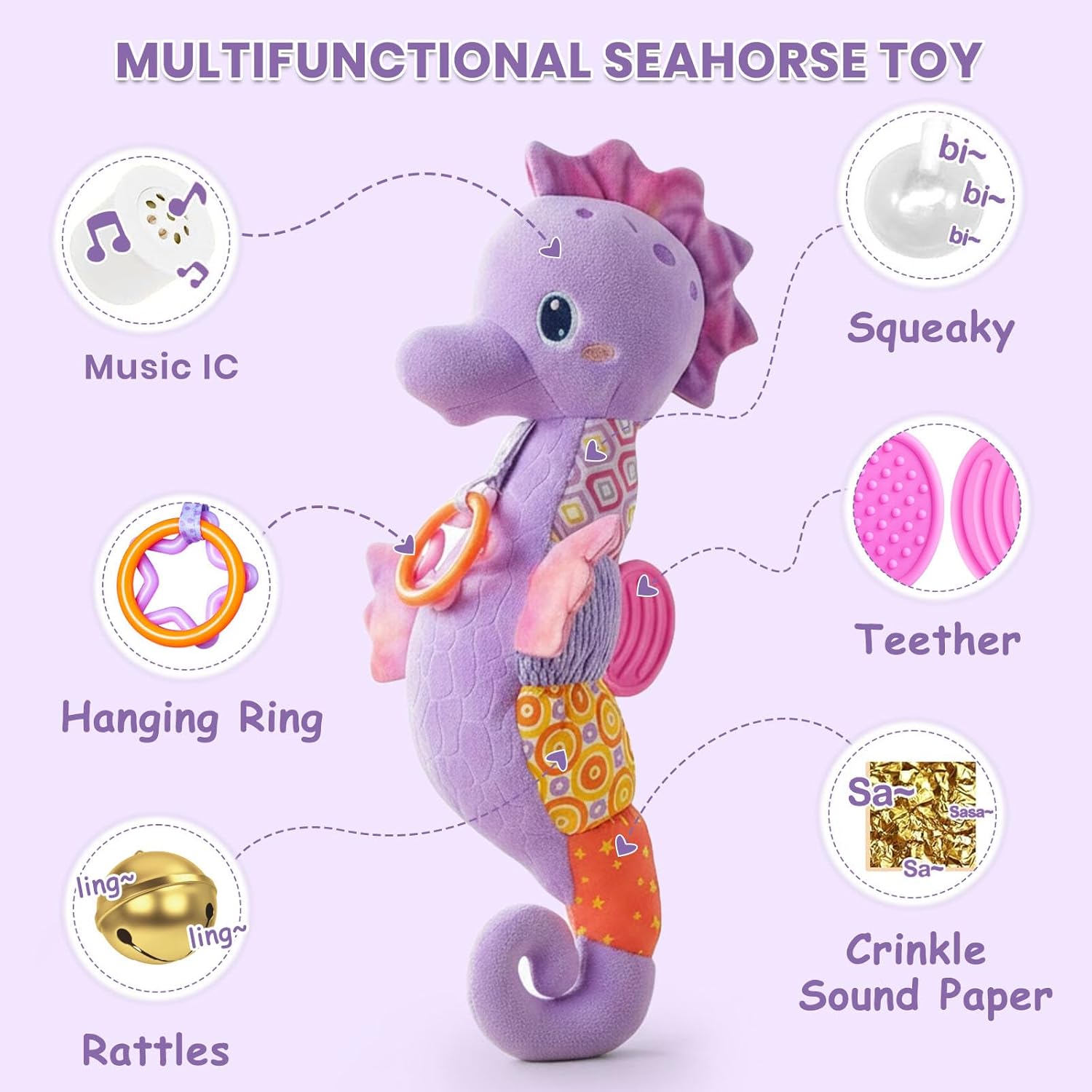 Baby Toys 0-6 Months,Infant Musical Seahorse Stuffed Animals Sensory Toys with Bright Colors,Multiple Textures,Rattles & Crinkle Sound Paper,Tummy Time Toy for Newborn Boys Girls 0-12 Months-Purple