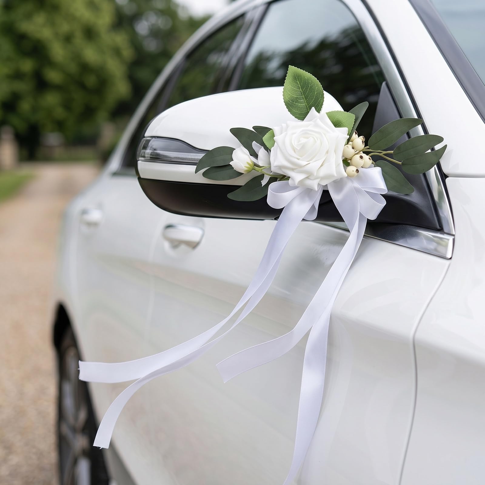 2 Pièces Noeuds de Voiture en Soie, Décoration Voiture Mariage, Simulation de Rose, Nœud de Voiture avec Attaches à Ventouse, pour Chaises en Plein Air, Activités de Fête et Rétroviseur