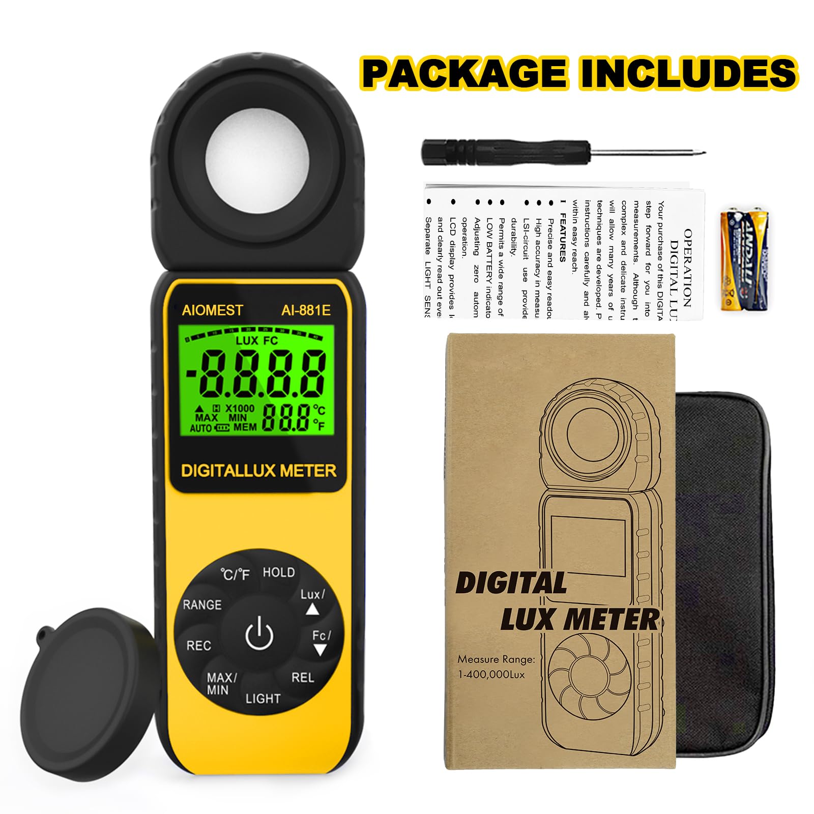 Digital Luxmeter Lichtmesser, AIOMEST Handheld Lichtmessgerät Datenlogger Messen Lichtstärke 0.1~300.000 Lux & Temperatur, Drehbar Light Sensor, Lichtmessungen Messgerät Lumen AI-881E
