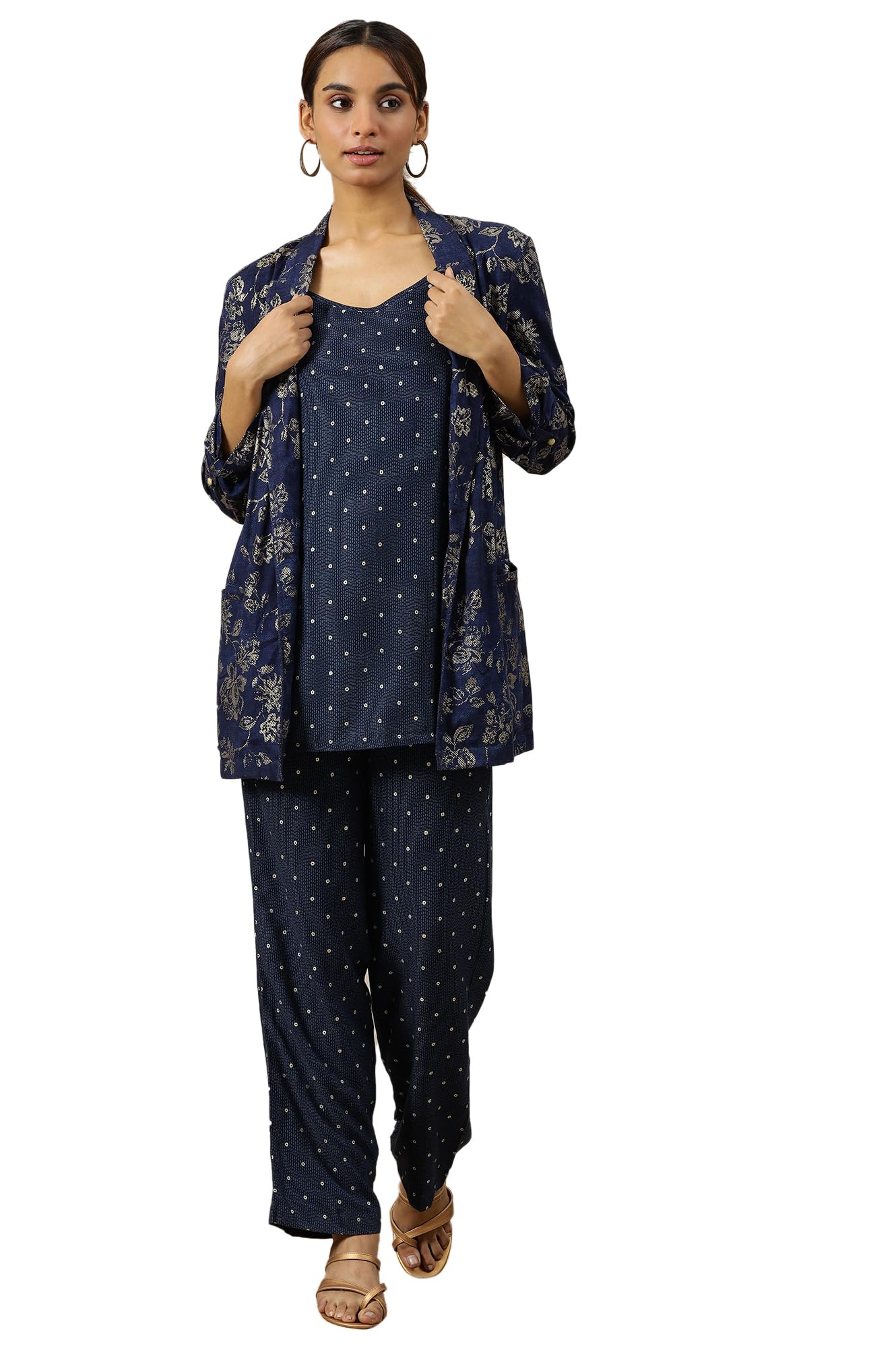 aurelia Women's Foil Floral Printed Blazer, Spaghetti Kurti and Trousers Set-picture-24