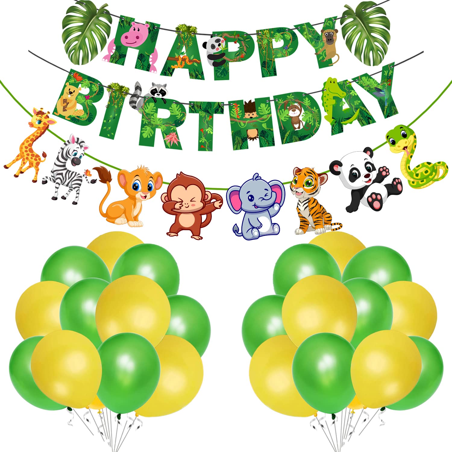 Zyozique Jungle Safari Happy Birthday Decoration Kids,Animal Birthday Banner,Character Banner with Latex Balloons, for Boy Birthday 1st 2nd 3rd 16th 18th 21st (Pack of 27)