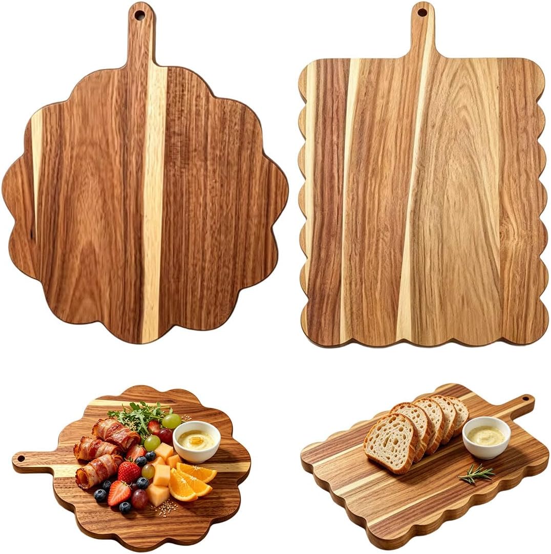 Acacia Wood Scalloped Cutting Board Set 2 – Round & Square | Scalloped acacia board set with handle | Charcuterie tray | Vintage cottage core kitchen decor | Serve pizza/cheese/bread