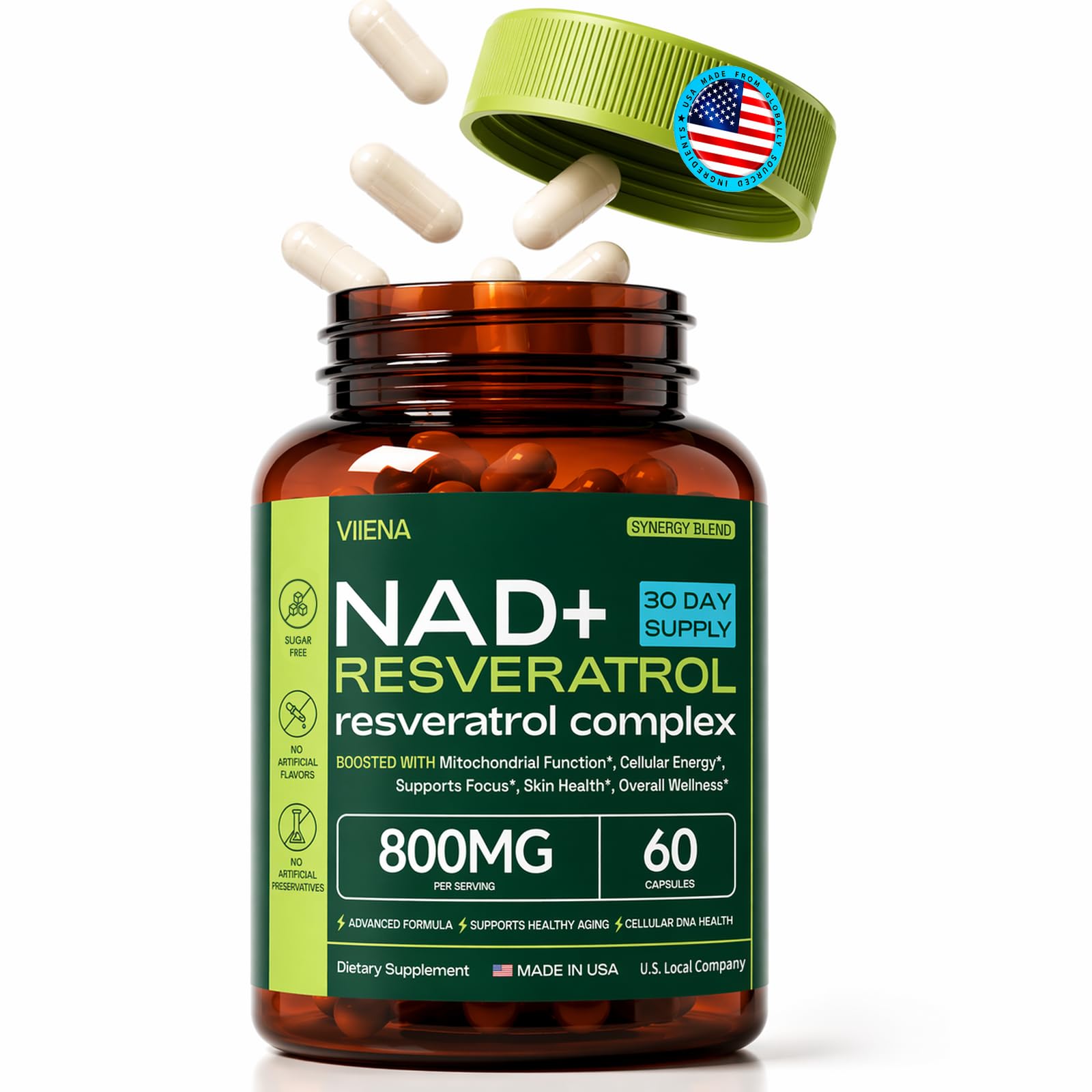 NAD Supplement, NAD+ Support Capsules - USA Made - 800mg Extra Strength with Resveratrol, Third-Party Tested, 30-Day Supply for Women & Men, Steady Daily Energy and Healthy Aging Support