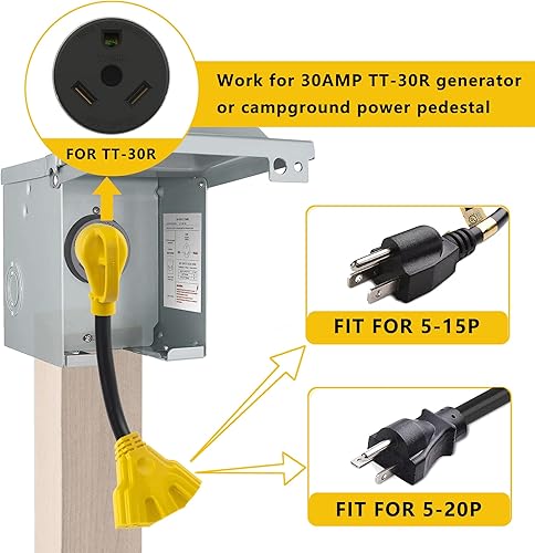 Miniatura 3 de Adaptador de 30 amperios a 20 amperios, adaptador de distribución de RV de 110 V, NEMA TT-30P macho a 3X 5-15R5-20R hembra, generador de RV con