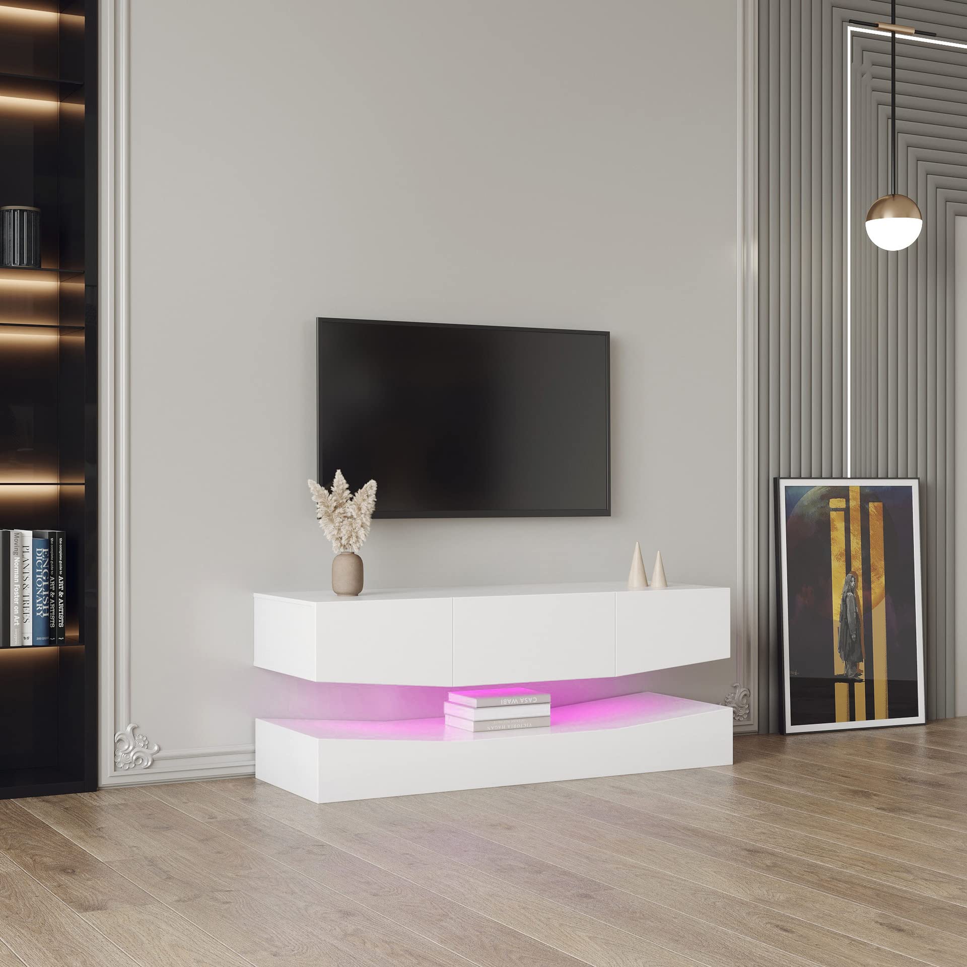 TEESONG Stojak na telewizor do salonu, montowany na ścianie, szafka pod telewizor z szufladami i otwartymi półkami, salon, centrum rozrywki LED, konsola multimedialna