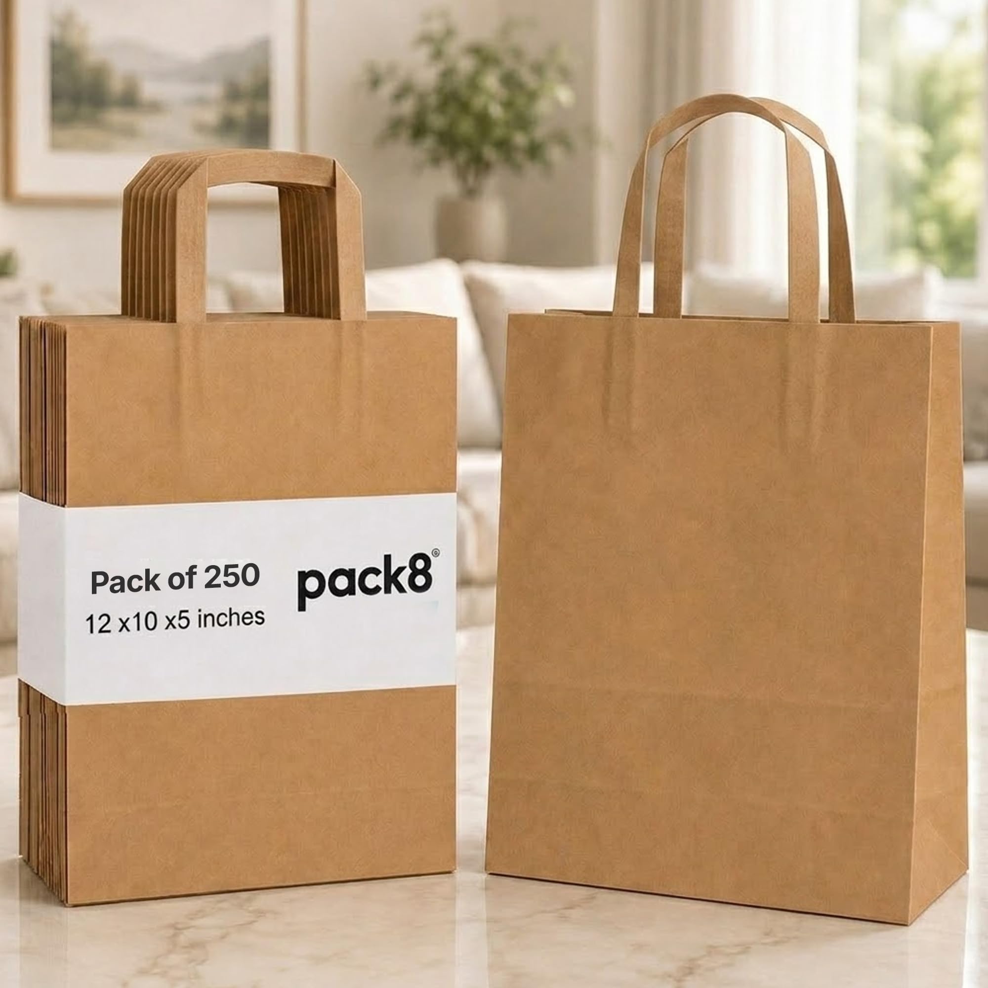 Pack8 Large Brown Paper Carrier Bags with Flat Handle (Pack of 250) | 80 GSM Kraft SOS Takeaway Bags for Grocery, Lunch, Gifts, Bakery & Retail Use (Flat Handle Bag, (Size - 12x10x5'')