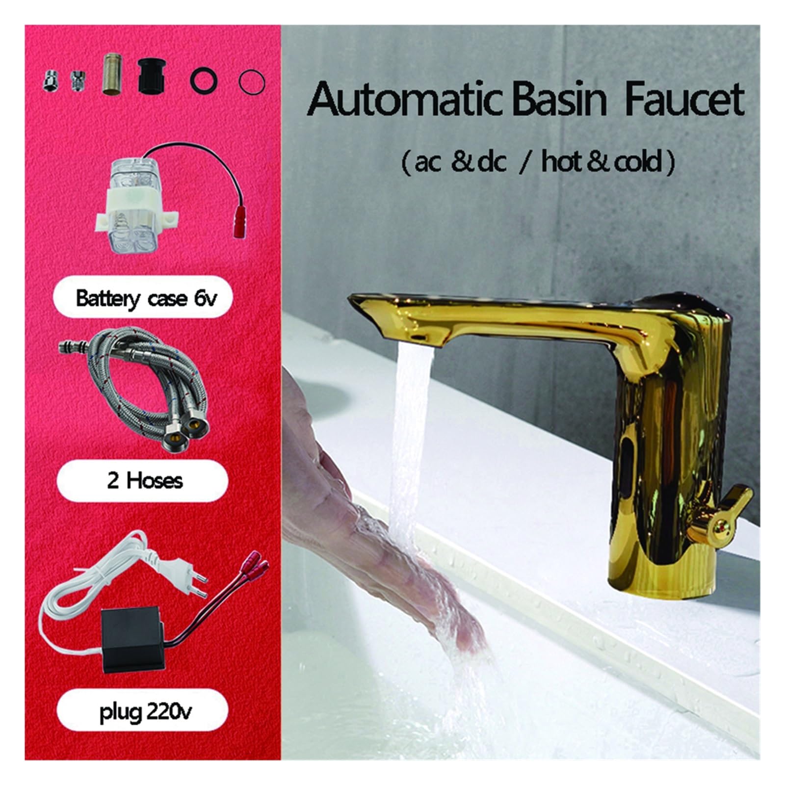 Robinet de lavabo intelligent automatique robinets d'évier entièrement en laiton cuivre couleur dorée mitigeur eau froide et chaude AC 220 V et alimentation par batterie cc 6