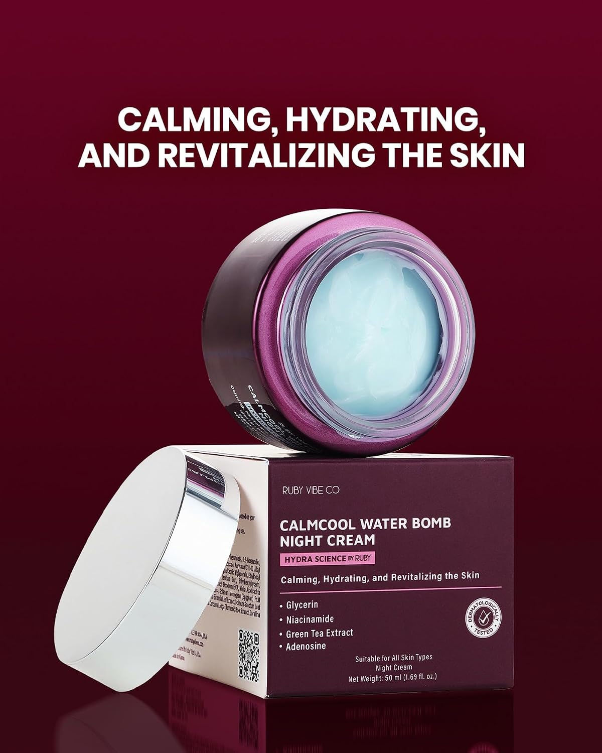 RUBY VIBE CO Hydrating Night Cream – Cooling Face Moisturizer with Niacinamide, Glycerin & Green Tea, Lightweight Soothing Cream for Dry, Sensitive & All Skin Types