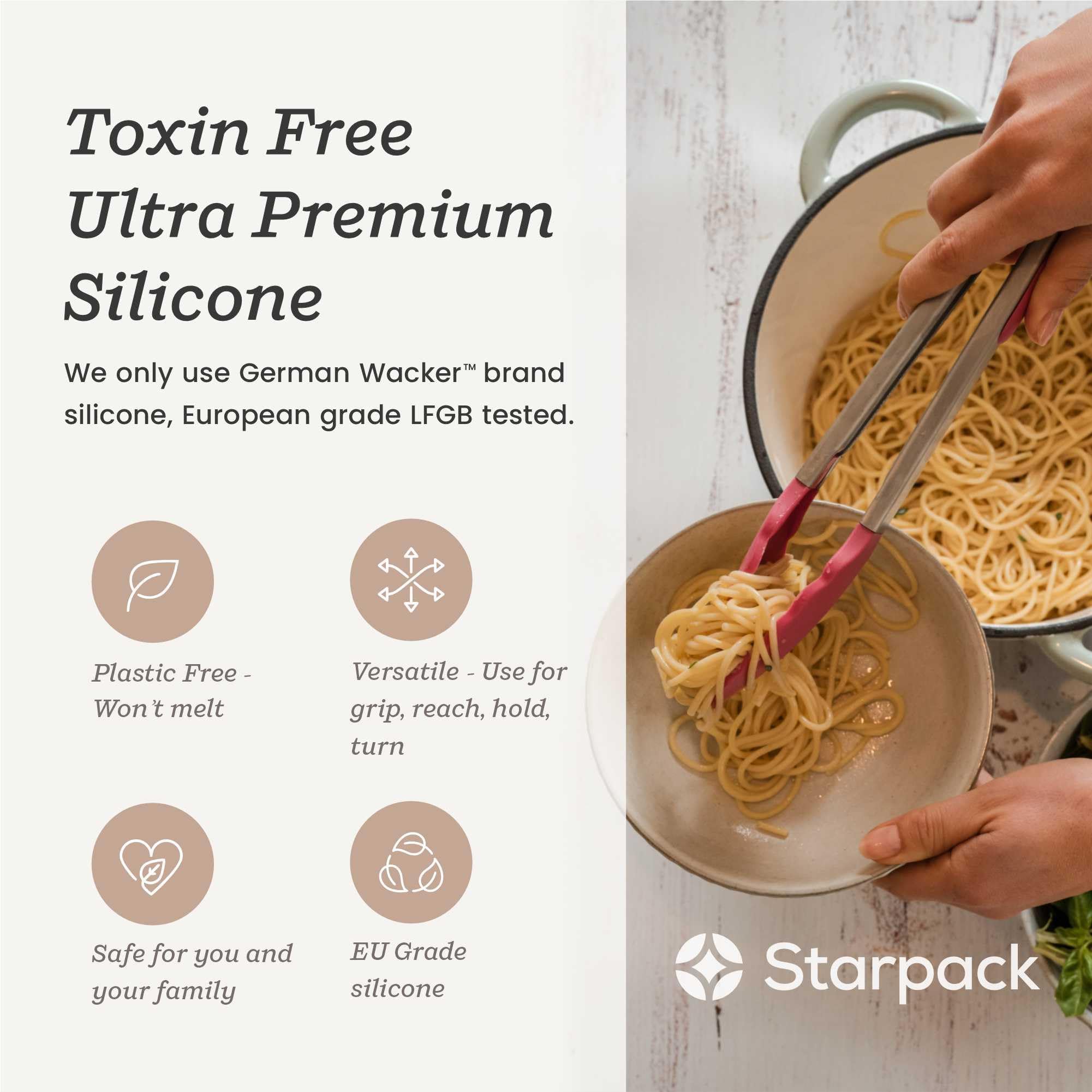 StarPack Pinzas de cocina de silicona de alta calidad de 12 pulgadas, acero inoxidable con puntas de silicona antiadherentes, alta resistencia al calor hasta 600 °F, para cocinar, servir, parrilla,
