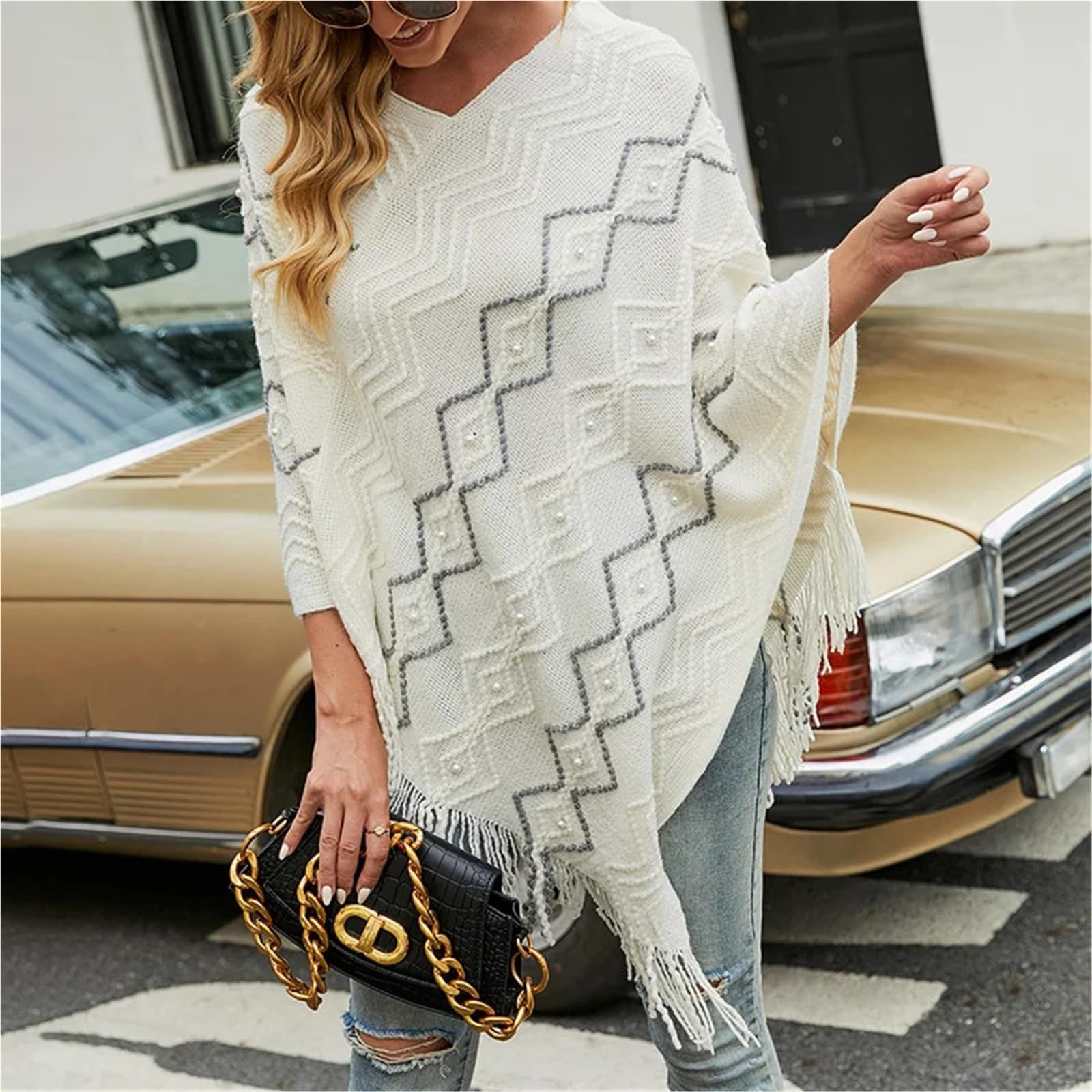 Maglione a mantello a righe ondulate da donna, con nappe, scialle, cappotto, perle, patchwork, pullover, poncho Per Invernali