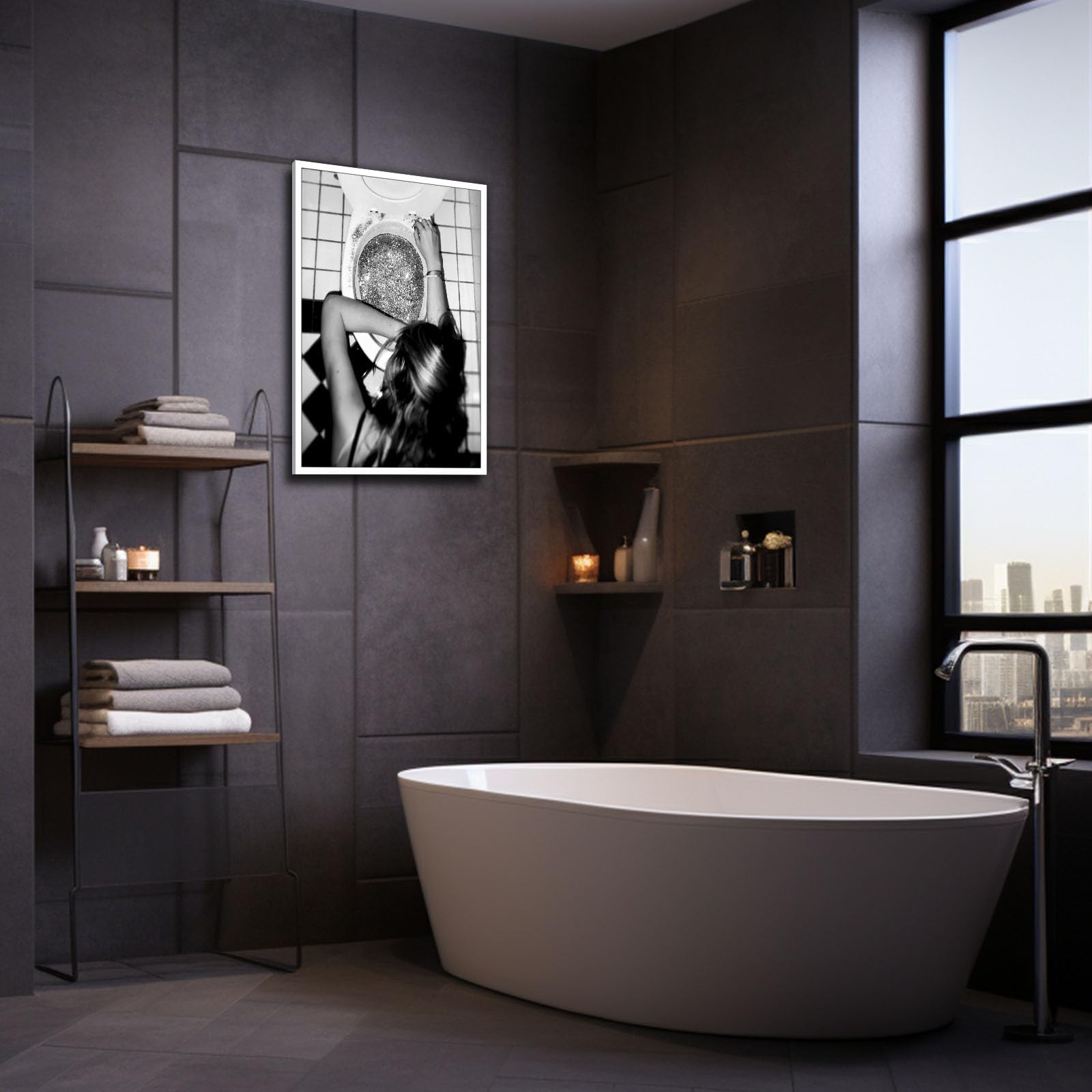 Poster Divertente Per Bagno In Bianco E Nero - Decorazione Da Parete Eccentrica 30,5x40,6 Cm - Tela Con Cornice Per Bar, Camera Da Letto