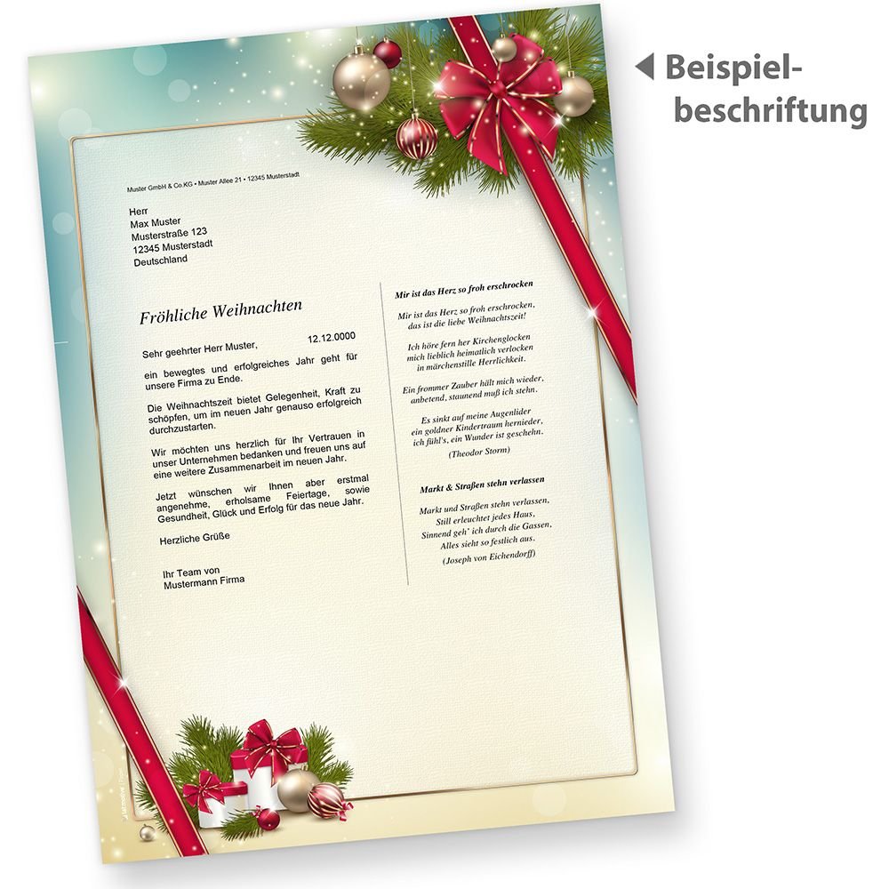 Briefpapier Weihnachten Set ROTE SCHLEIFE (250 Sets ohne Fenster) Weihnachtsbriefpapier mit Umschlag