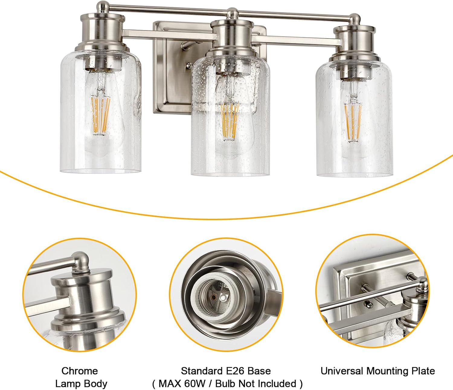 3-Lights Bathroom Vanity Light, Brushed Nickel Bathroom Light Fixtures Over Mirror with Seeded Glass Shades for Living Room Bedroom Hallway