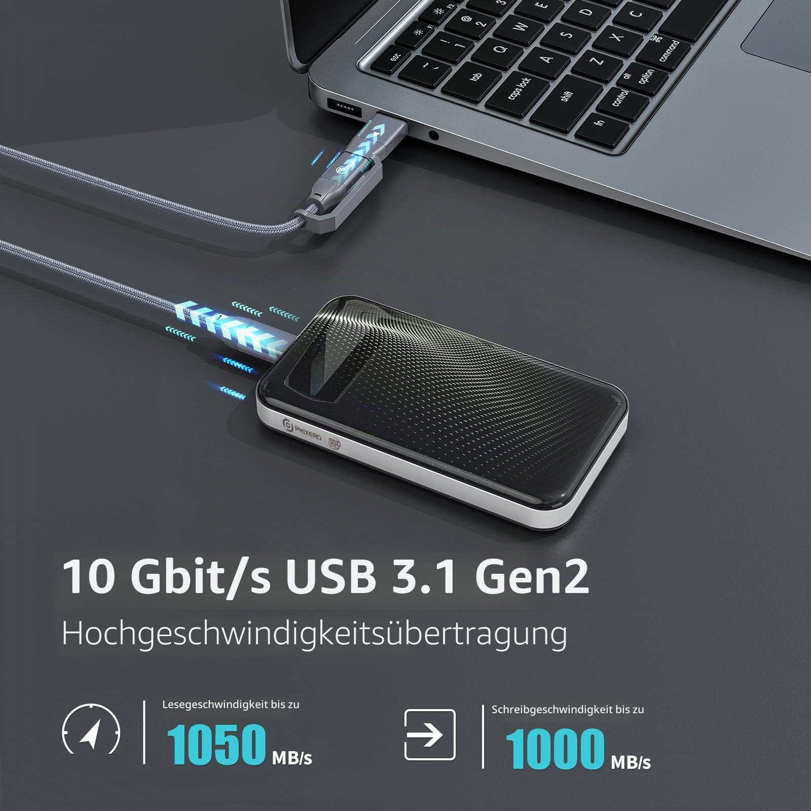 PHIXERO 1TB Externe SSD, USB 3.2 Gen 2 bis zu 1050MB/s SSD Festplatte Extern, High Speed ​​Festplatte Extern für Fotografen und Spiele Kompatibel mit PC, Laptop, Mac und PS4/Xbox