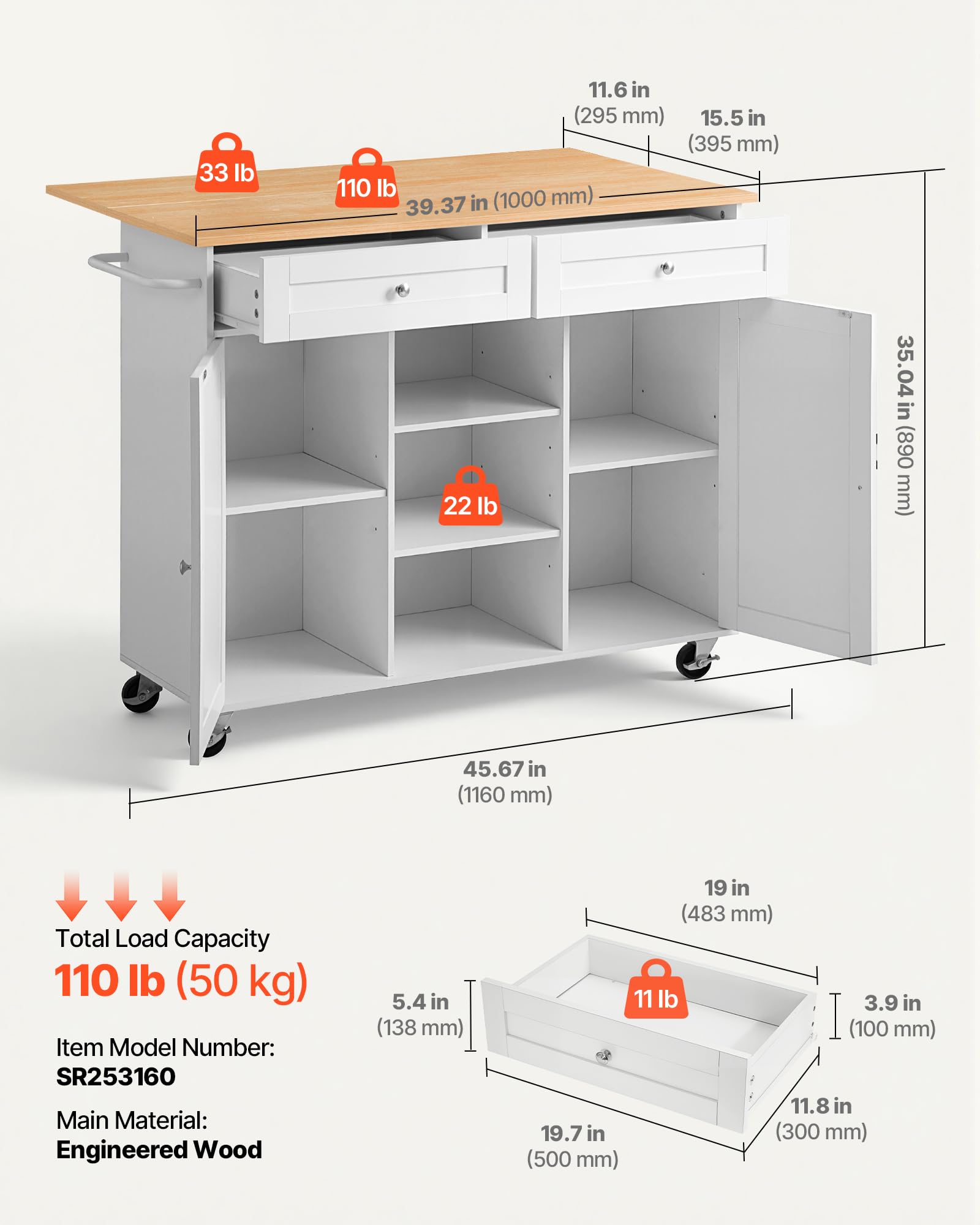 VEVOR Credenza Isola Cucina Mobiletto Portaoggetti MDF Carico Totale 50 kg