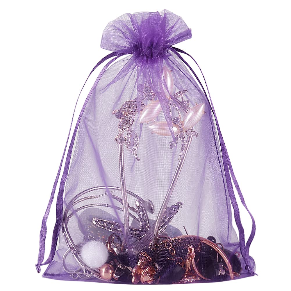 HRX Package 100pcs Organza Bags Purple, 5x7 inch Mesh Drawstring Gift Bags Jewelry Pouches for Christmas Candy Party Favor