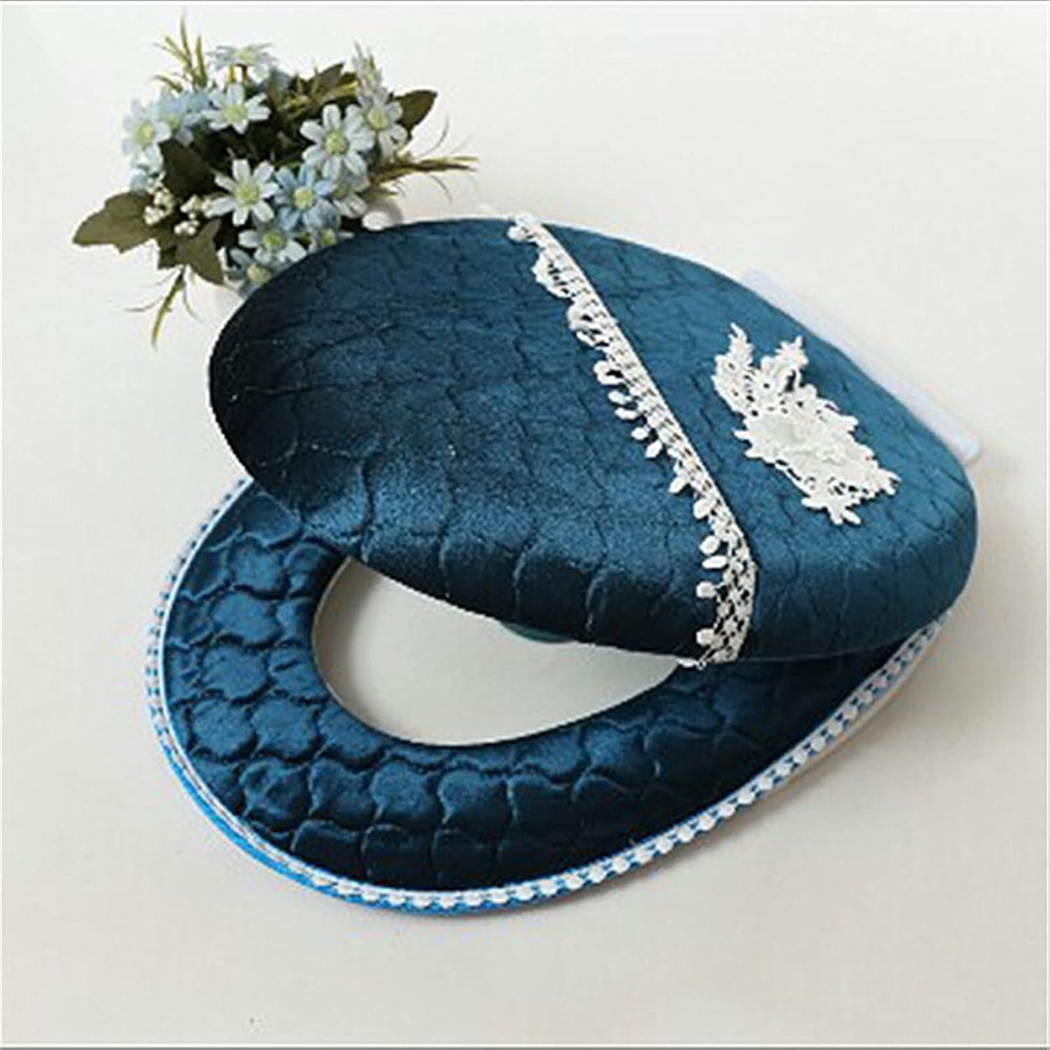 Thicken Toilet Seat Cover Set Zipper Two-Piece Toilet Case Glossy Bath Cushion Warm Bathroom WC Cover Washable Cover Set(Blue)