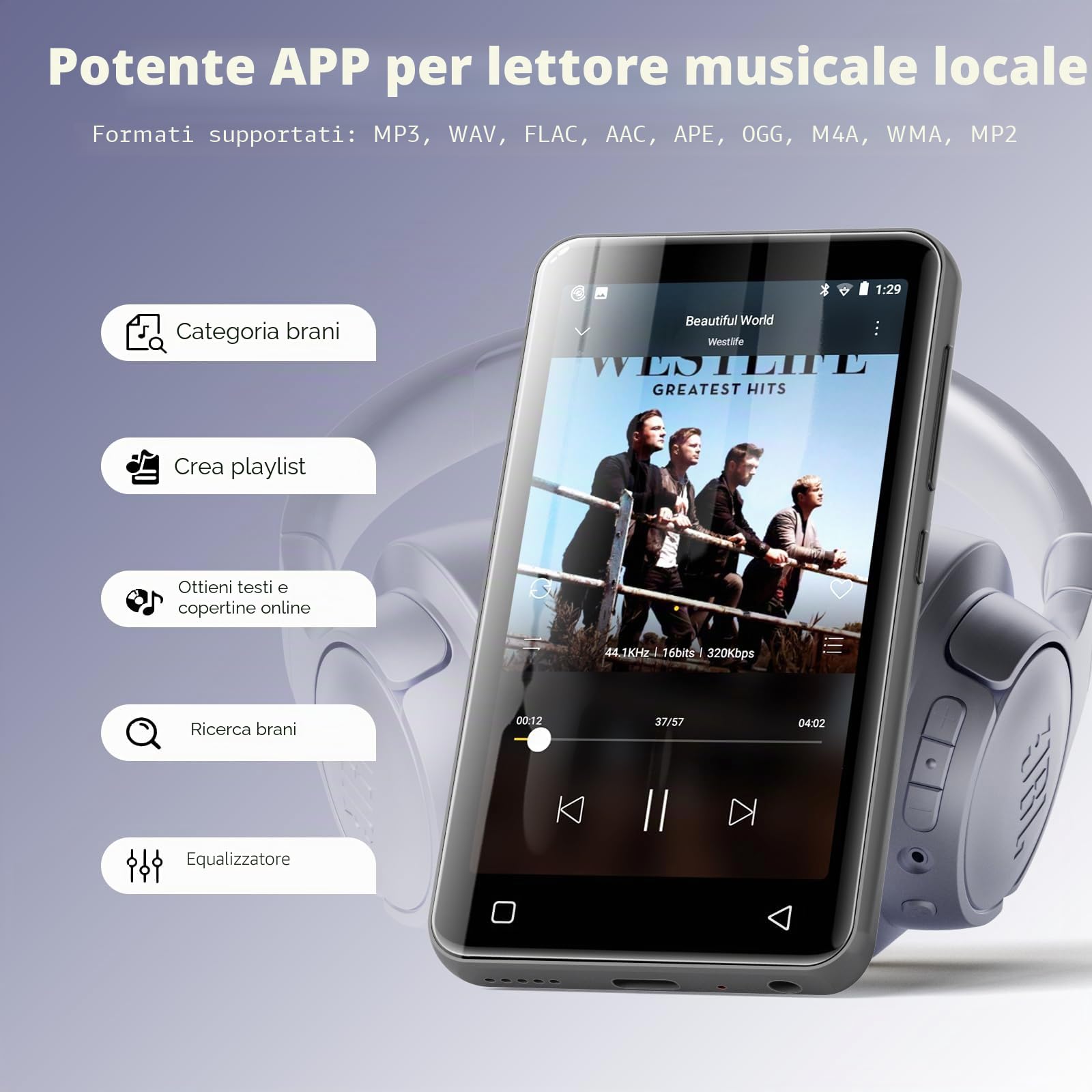 Innioasis Lettore MP3 con Bluetooth e WiFi, lettore MP3 da 160 GB con Spotify,Pandora, Amazon Music, Audible, Libby, audiolibri,touch screen da 4 pollici, lettore Android MP3 MP4 con（Nero）