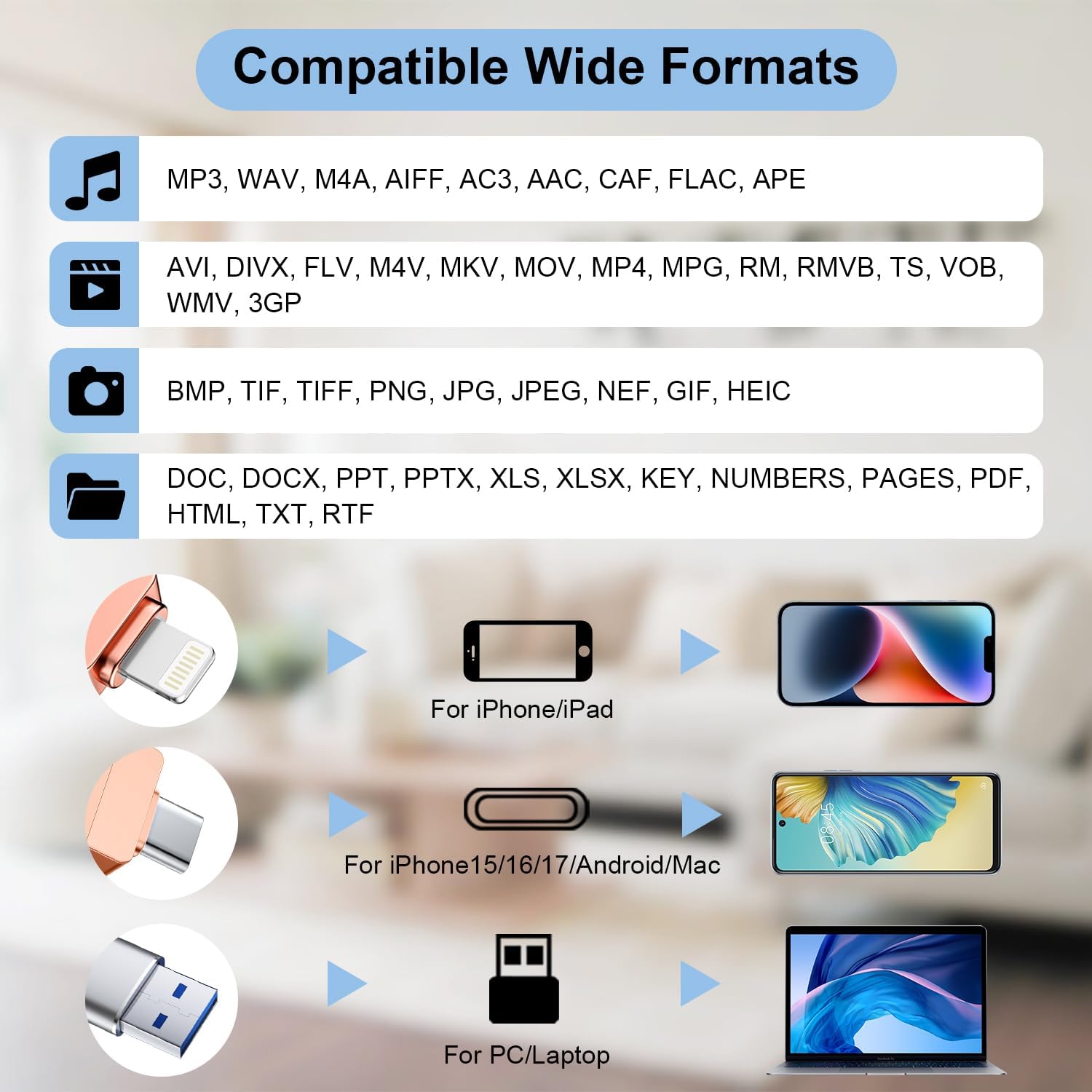 (No APP Required) MFi Certified iPhone Photo Stick, USB Flash Drive 512GB for Photo/Video Backup, 3 in 1 iPhone Memory Stick, High-Speed Thumb Drive Compatible for iPhone/iPad/Android/PC Pink - Image 6