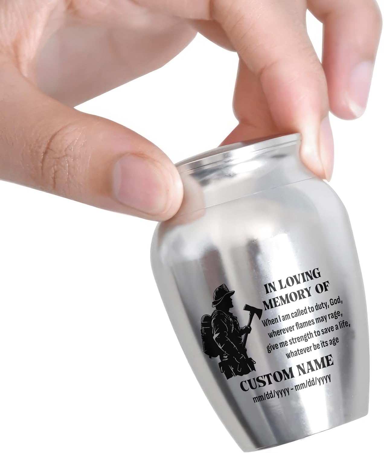 Artsy Woodsy Personalized Fireman Mini Urns Stainless Steel, Decorative Keepsake Urns with Fire Fighter Design 2.56 inch, Funeral Memorial Urns for Adult Male Female Human Ashes (Silver, 2.56, 01)