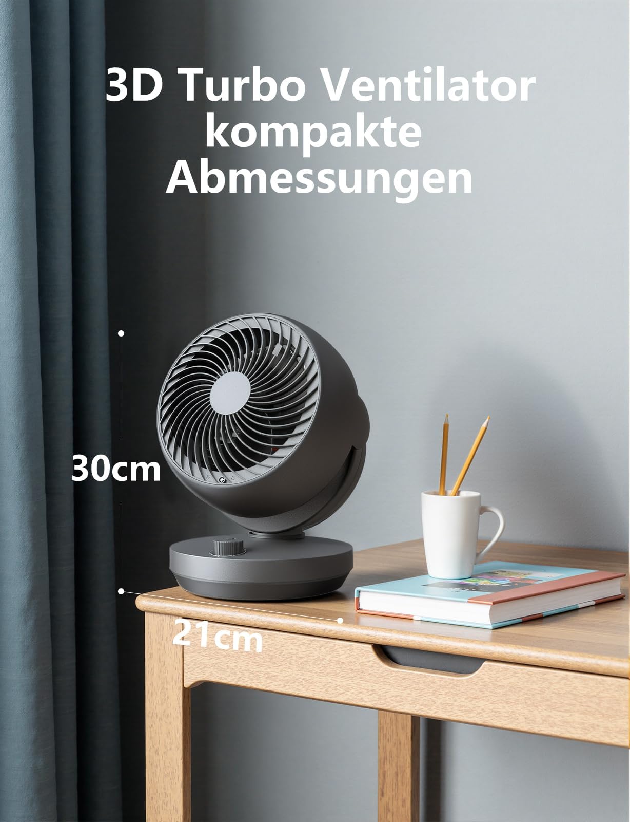 Ventilator Leise, 22dB Tischventilator mit Luftzirkulation, Leistungsstarken 3D Turbo Air Circulator, 3 Stufen & 100°/90° Verstellbarer Neigung, für Schlafzimmer, Büro und Wohnzimmer bis 21m², Schwarz